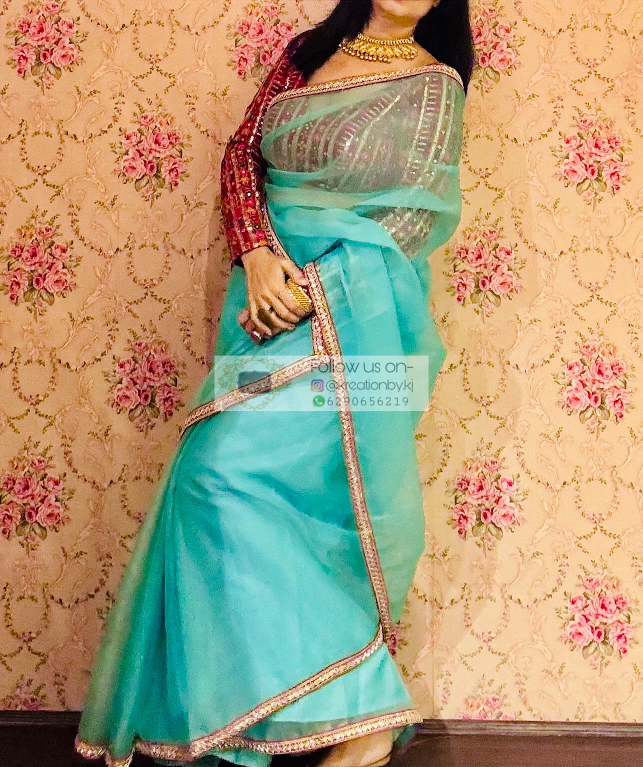 Aqua Blue Organza Saree With Red Cutdana Border kreationbykj