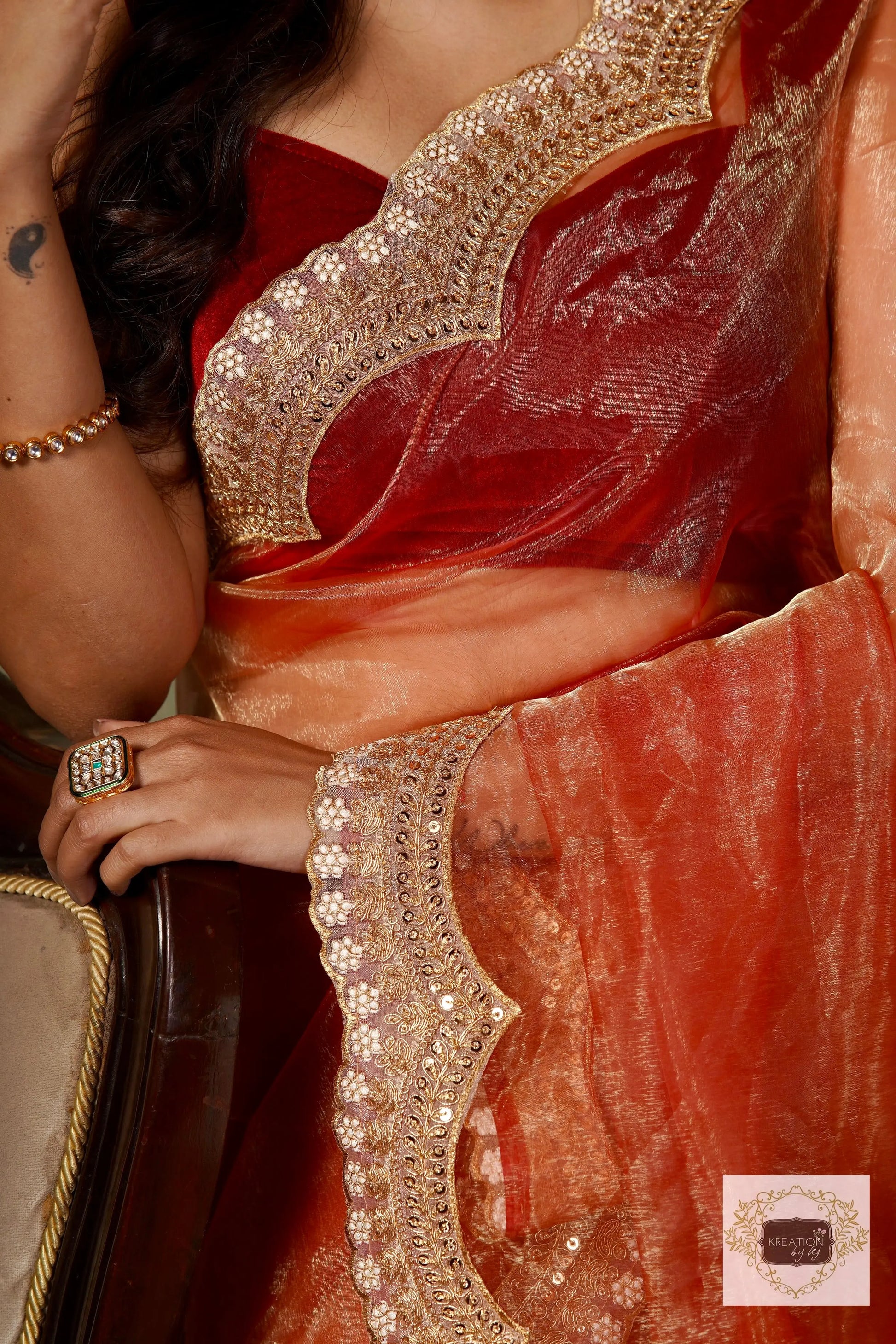 Marigold Glass Tissue Golden Scallop Border Saree kreationbykj