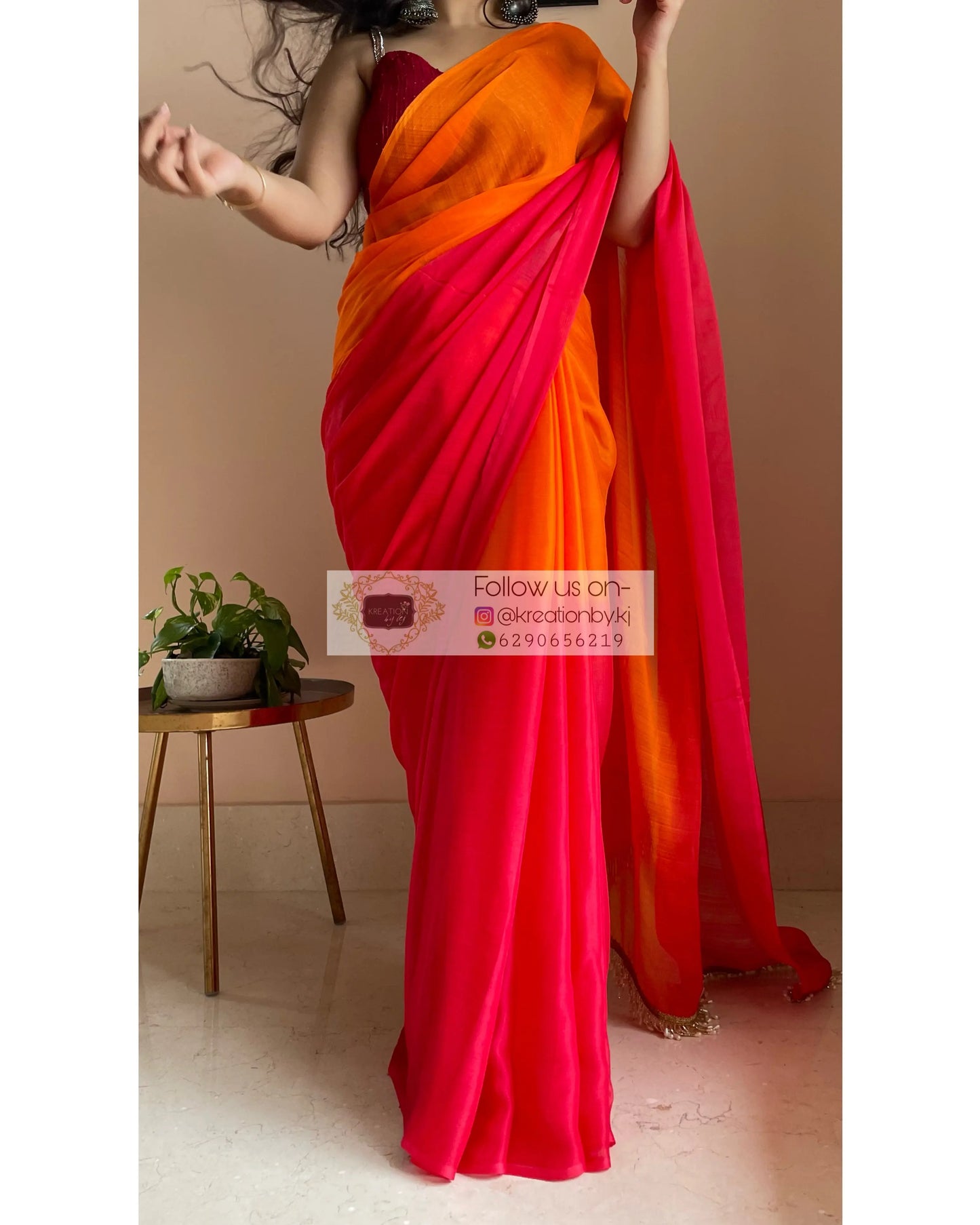 Sunset Ombré Chiffon Saree with Handmade Tassels on Pallu kreationbykj