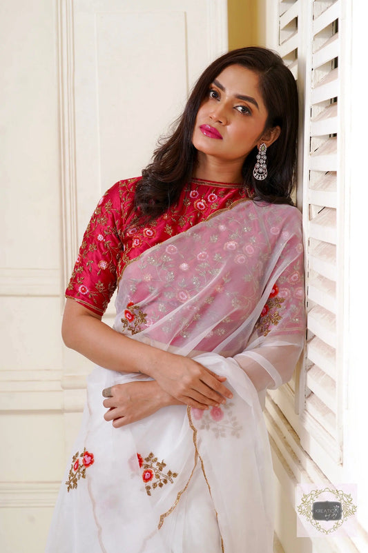 White Organza Remember The Roses Saree kreationbykj