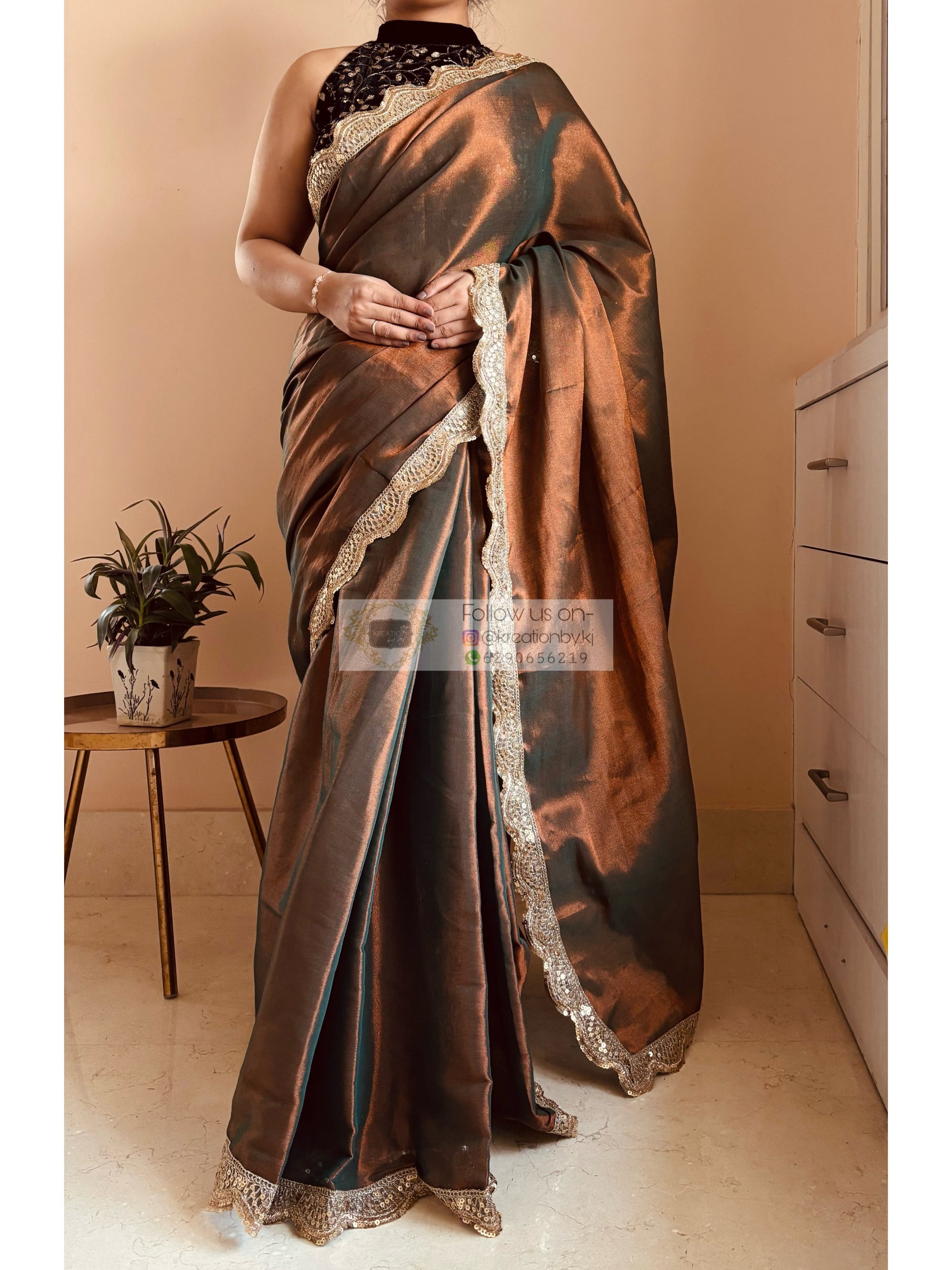 Copper Brown Cotton Tissue Saree with Mehraab Border kreationbykj