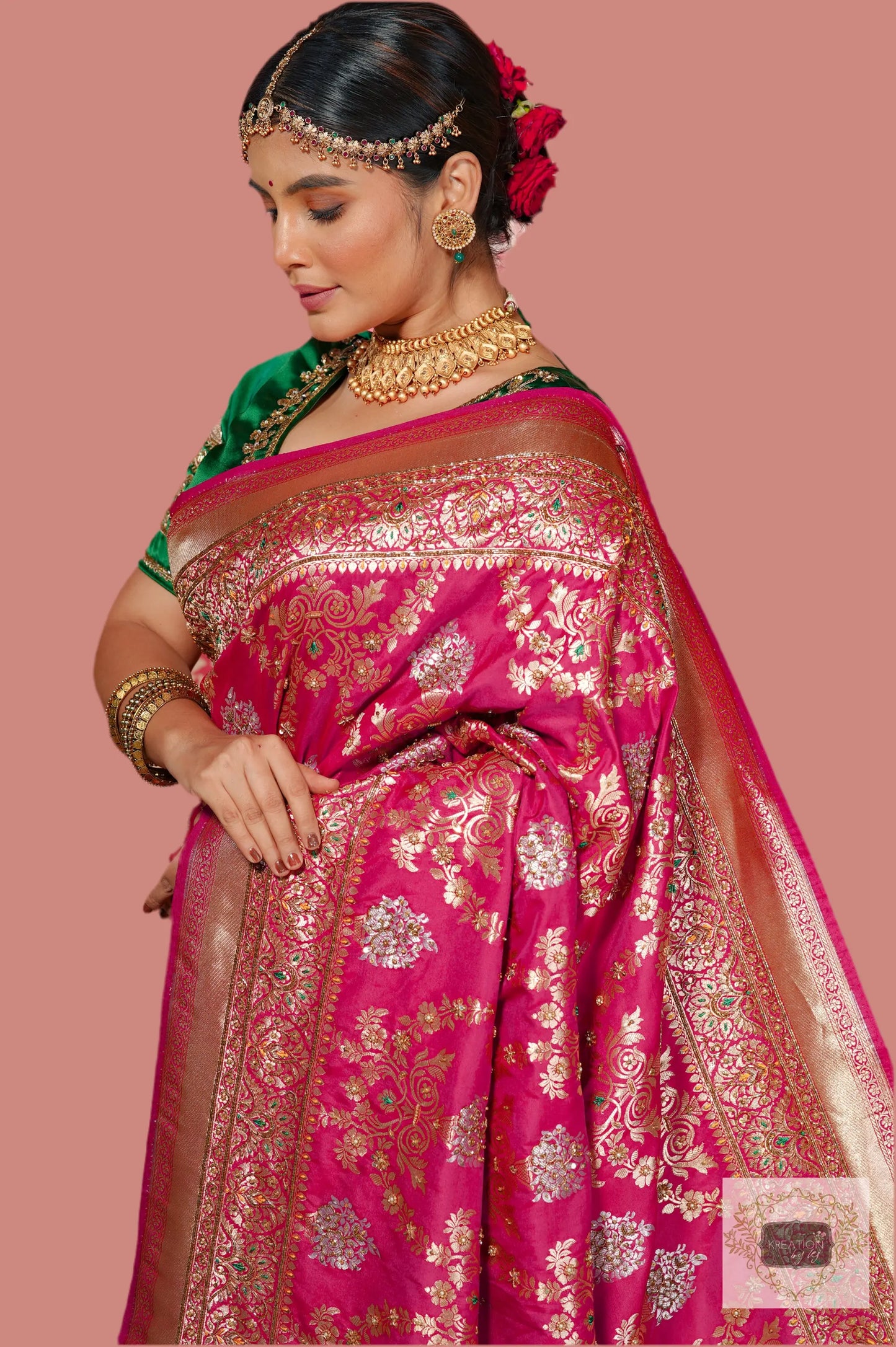 Pink Kataan Silk Banarasi Bridal Saree with Handembroidery kreationbykj