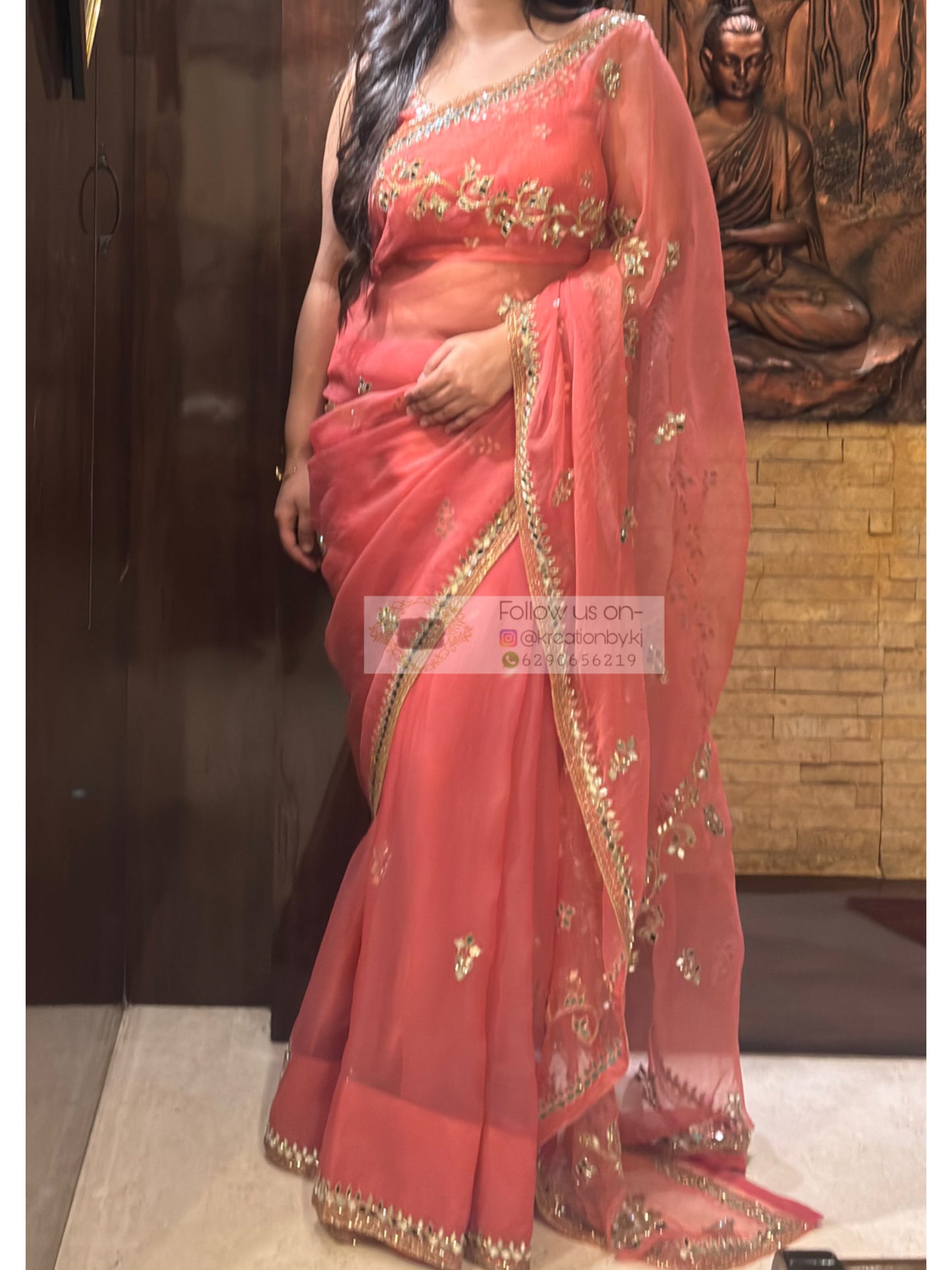 Peach Sheesh Leher Real Mirror Cutwork Saree Kreation by KJ