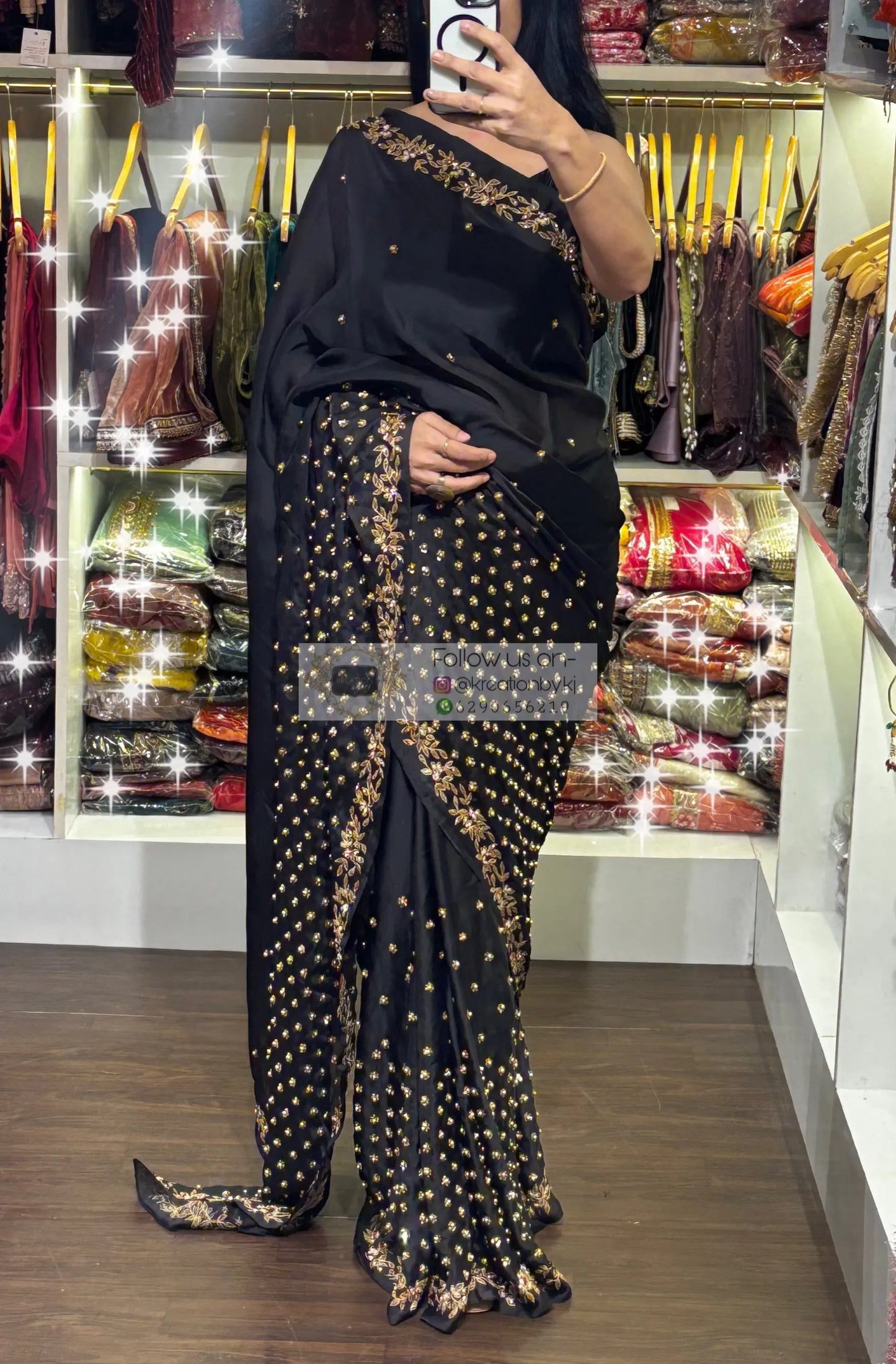 Black Crepe Silk Badan Pe Sitare Cocktail Saree kreationbykj