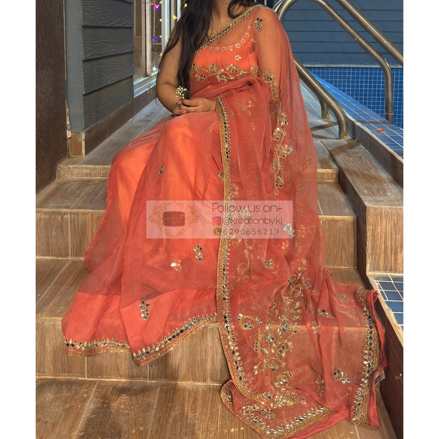 Peach Sheesh Leher Real Mirror Cutwork Saree Kreation by KJ