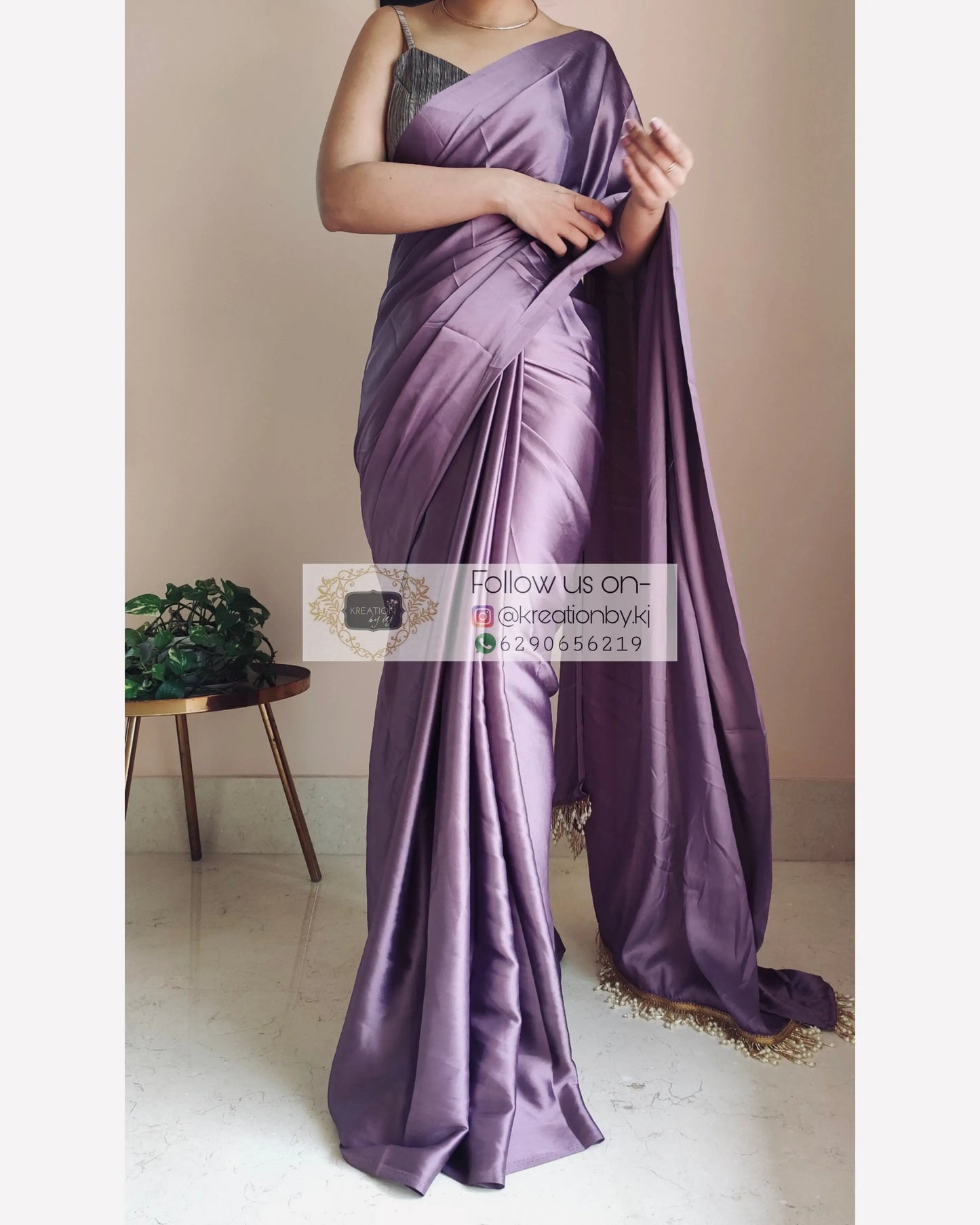 Heather Satin Silk Saree With Handmade Tassels On Pallu kreationbykj.in
