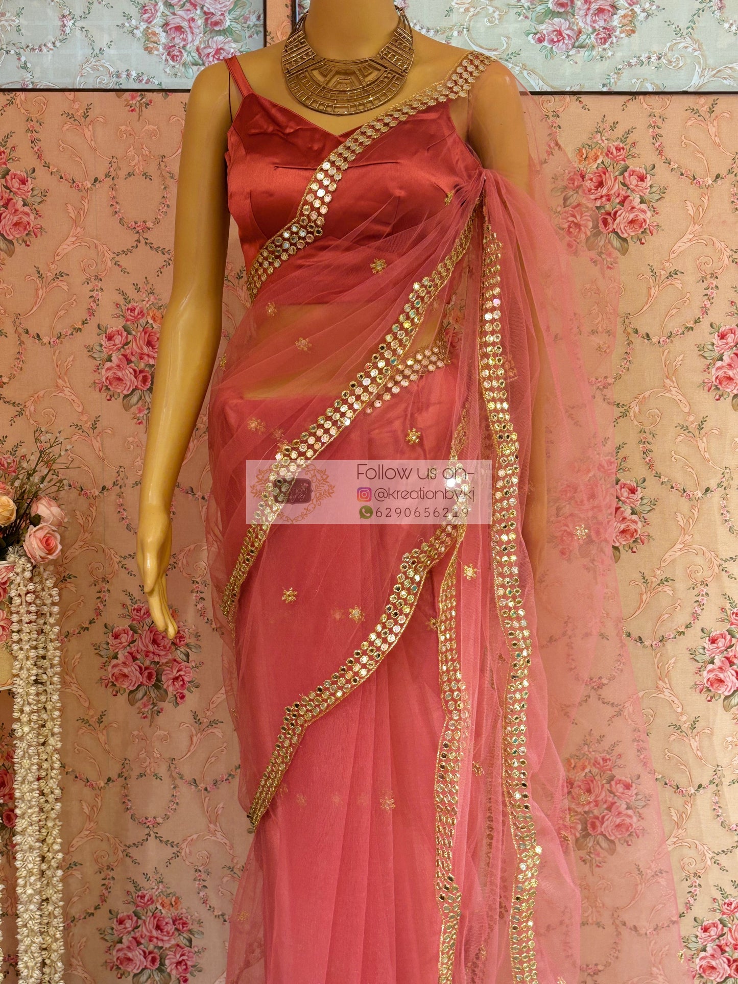 Pastel Pink Net Saree With Mirror Border kreationbykj
