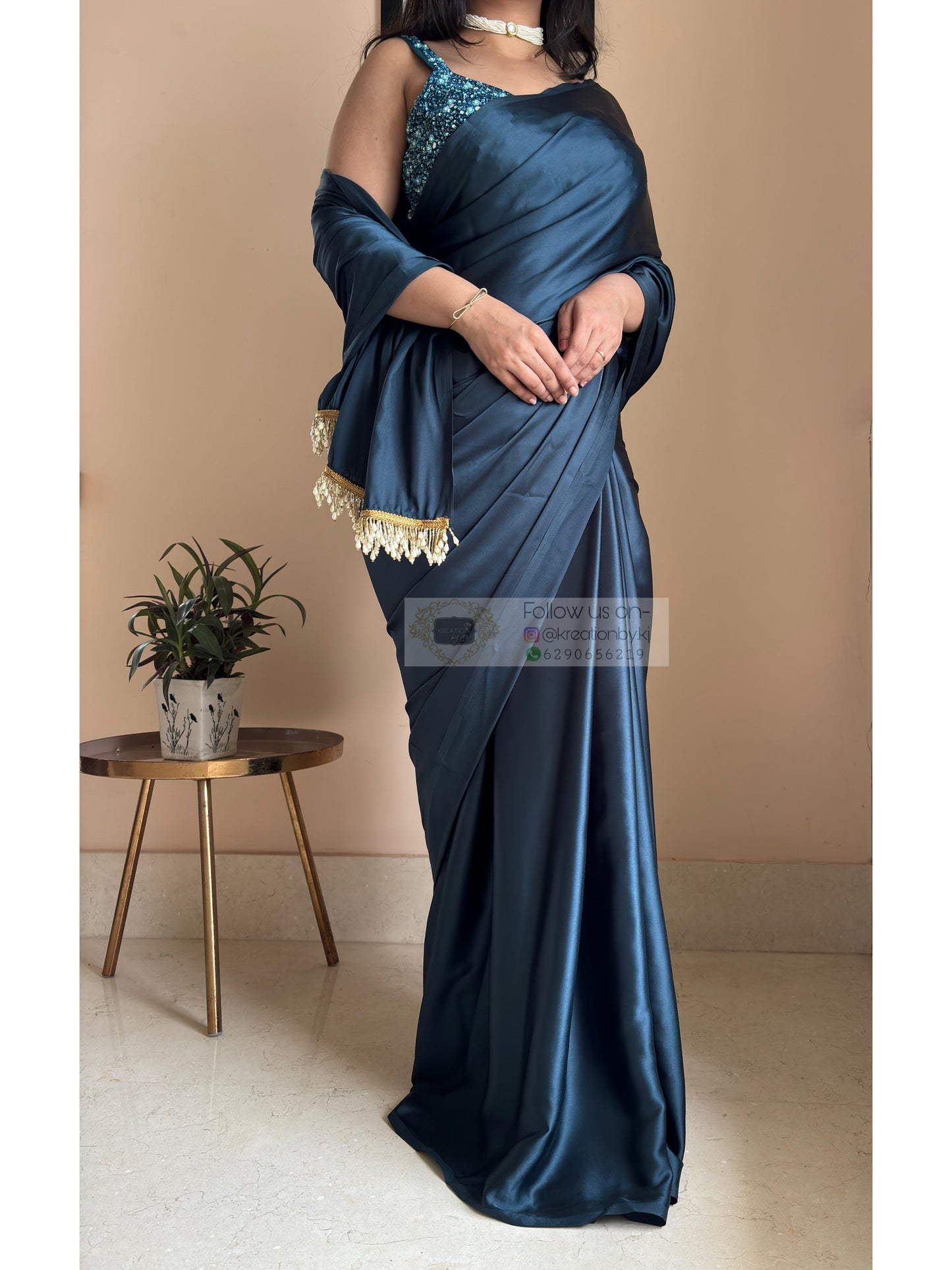 Midnight Blue Satin Silk Saree With Handmade Tassels On Pallu kreationbykj