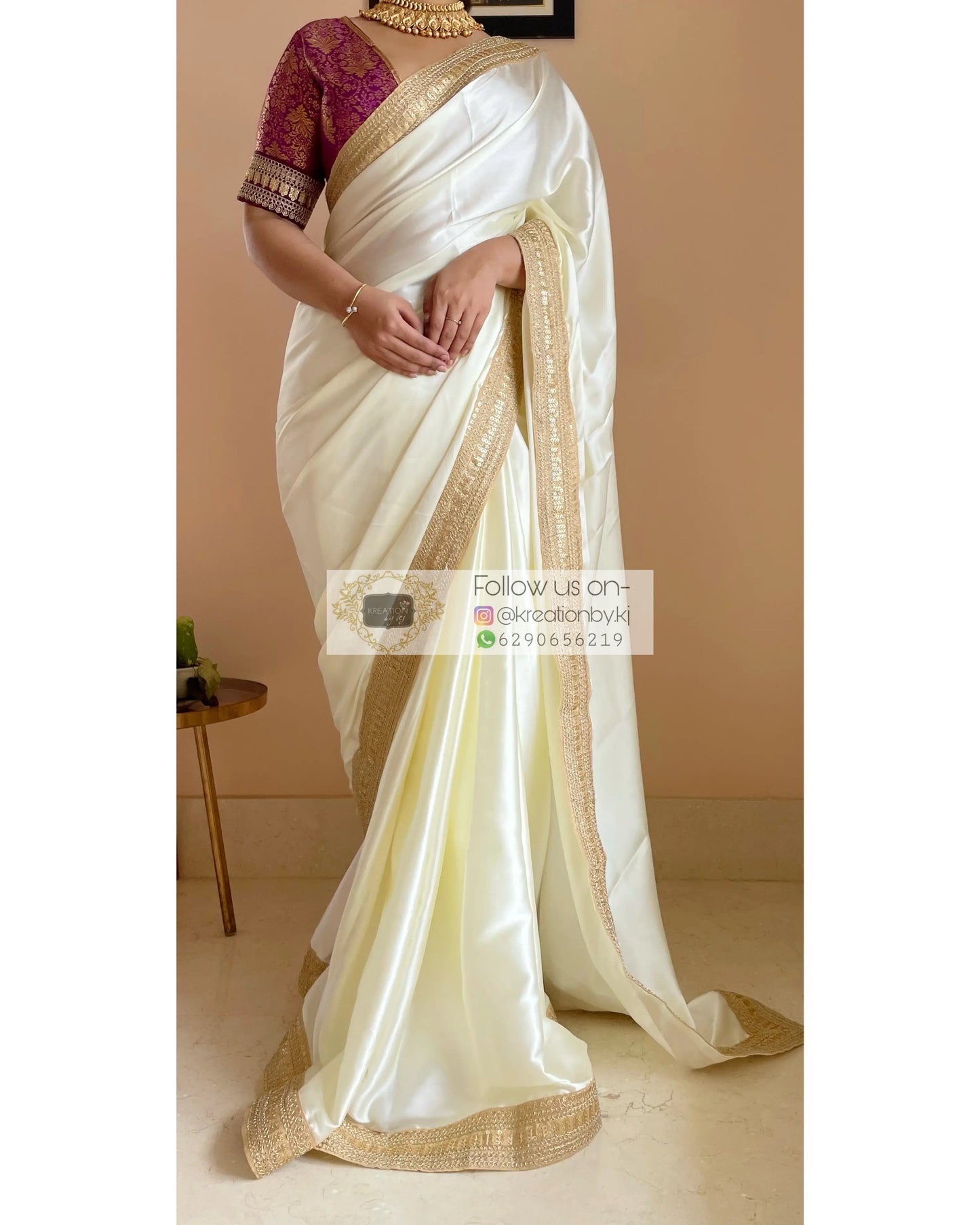 Cream Satin Silk Saree with Beige Border-Agomoni kreationbykj