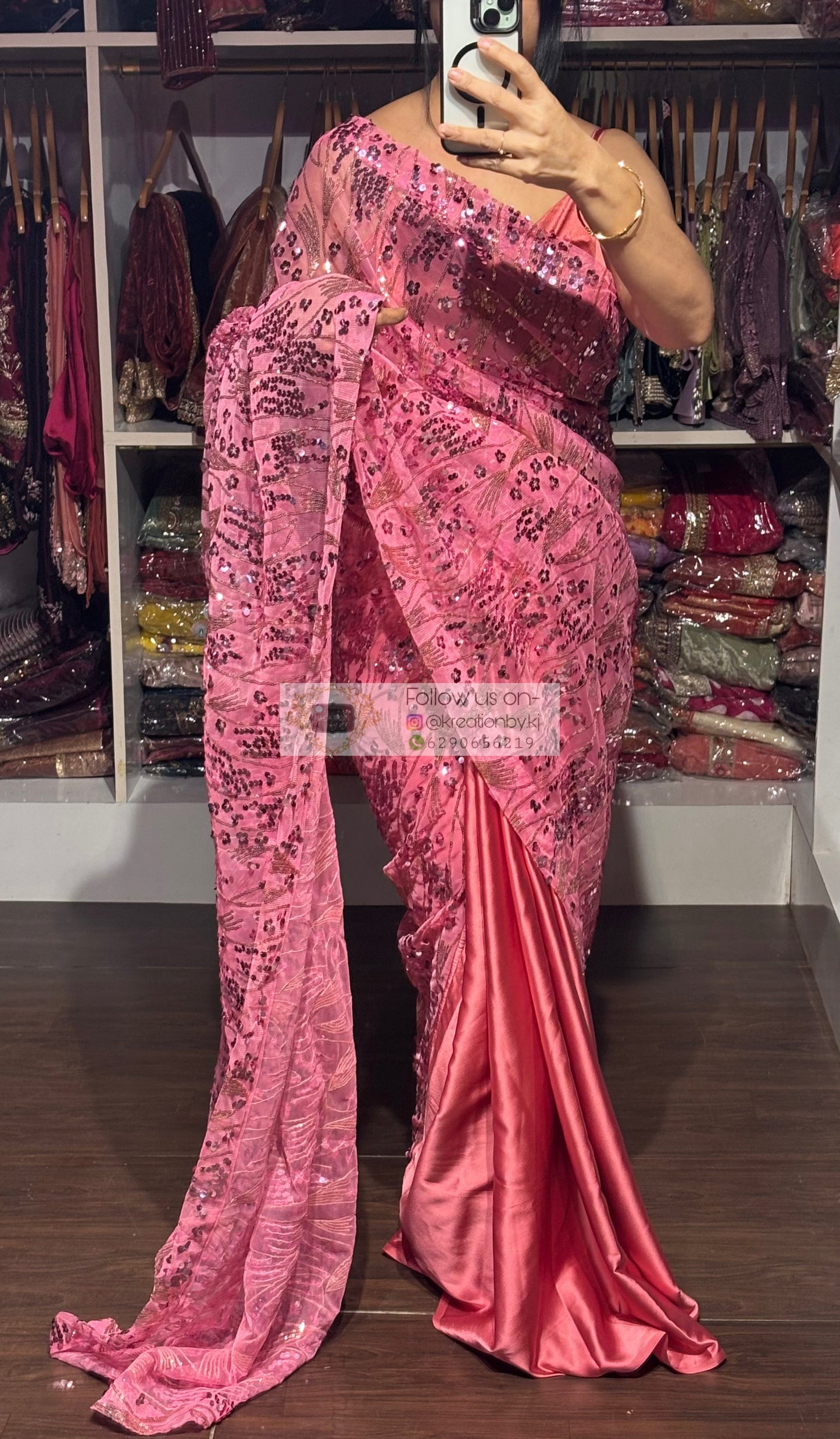 Pink Mermaid Sequin Partywear Saree kreationbykj