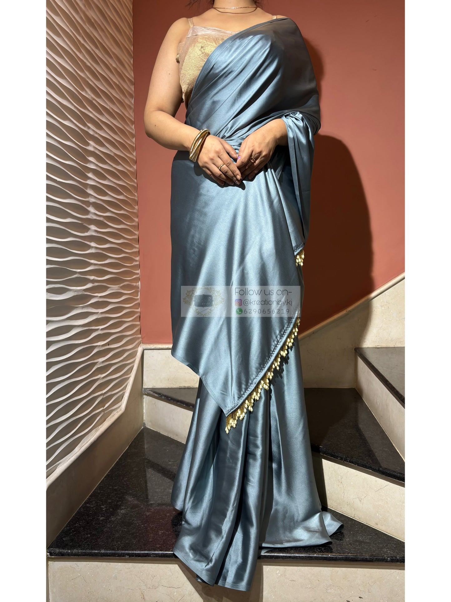 Slate Grey Satin Silk Saree with Handmade Tassels on Pallu kreationbykj