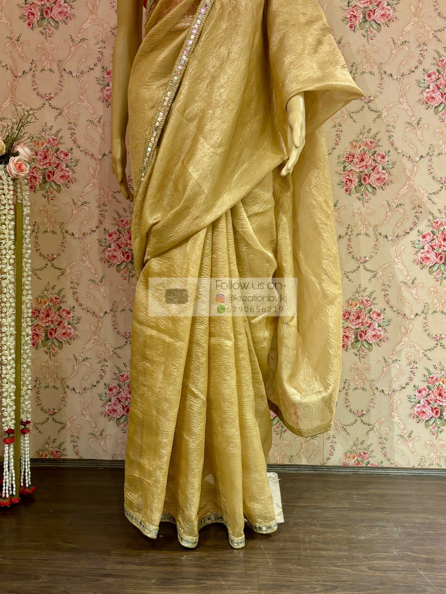 Golden Beige Tissue Saree with Mirror Border kreationbykj