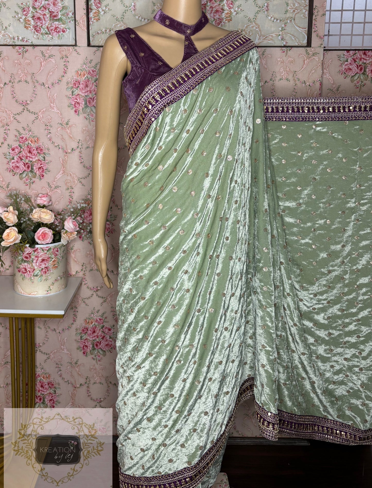 Sage Green Velvet Saree With Border kreationbykj