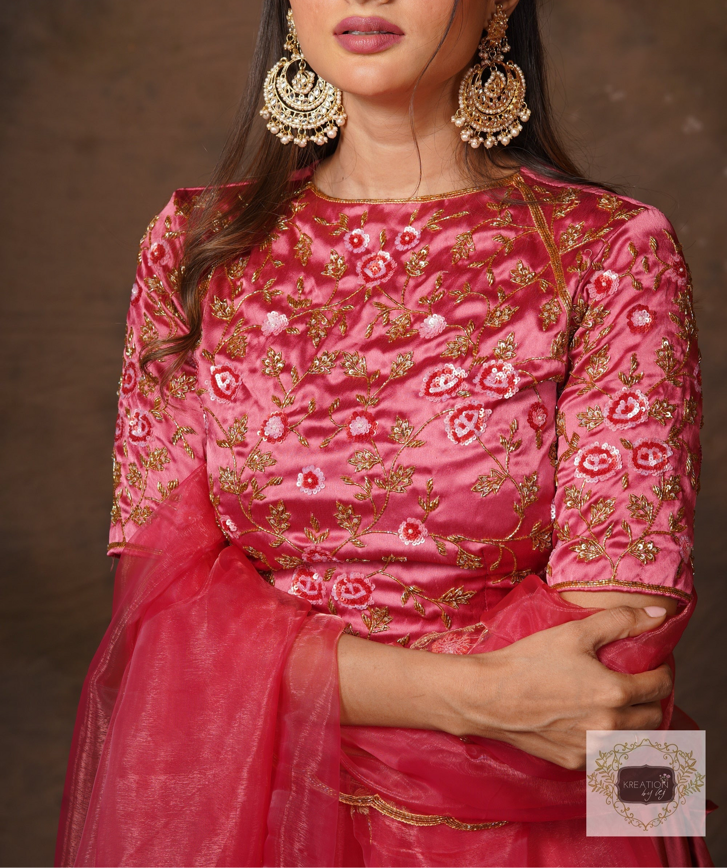 Rose Pink Floral design Blouse Piece with Heavy Embroidery kreationbykj