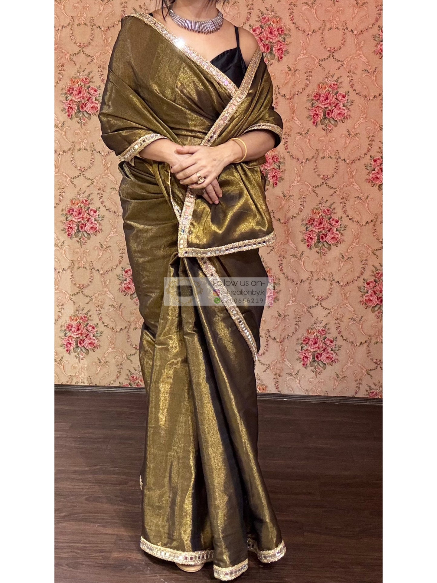 Black Tissue Mirage Saree Cut Mirror Border kreationbykj