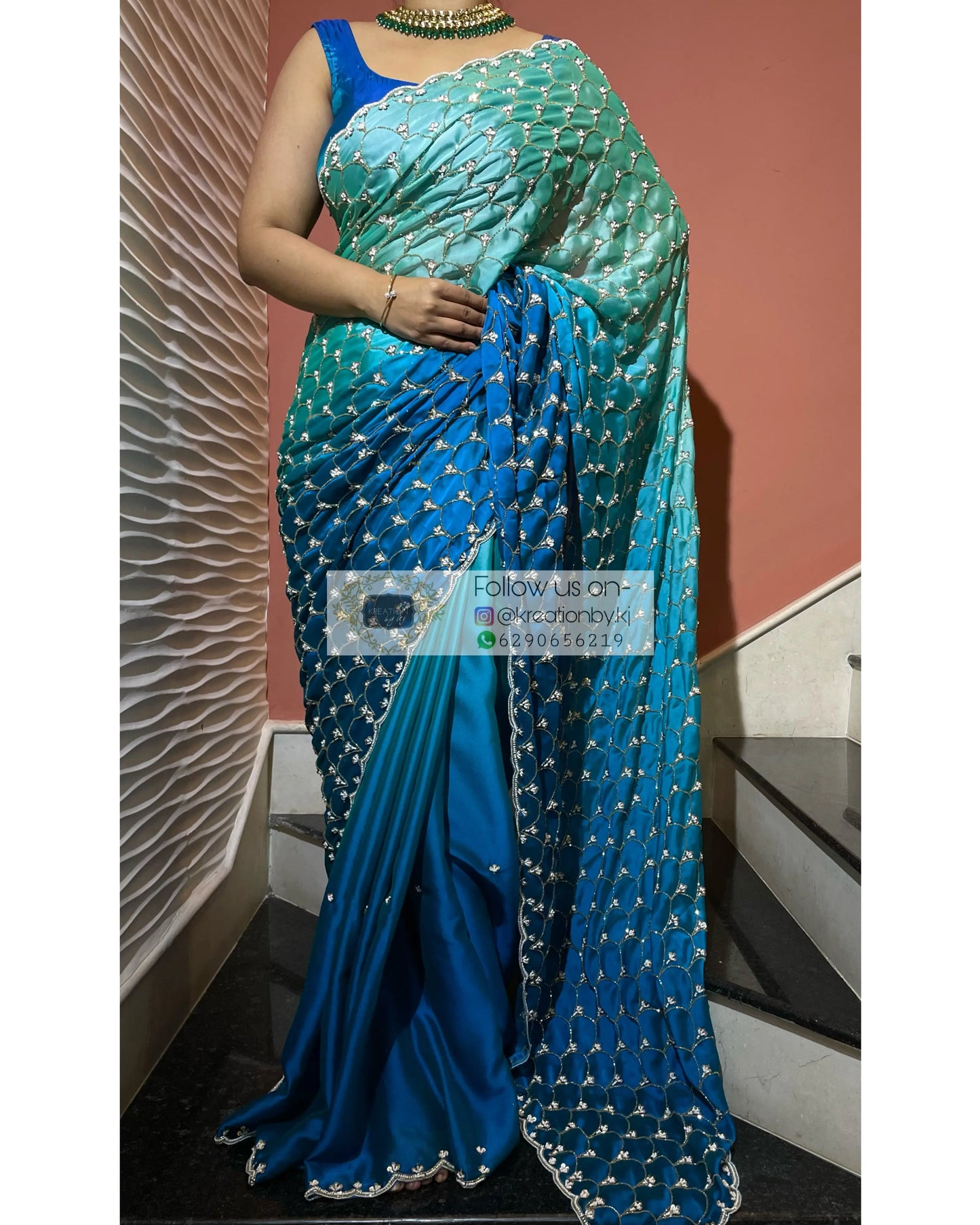 Ocean Mist Ombré Cutdana Mehraab Jaal Saree kreationbykj