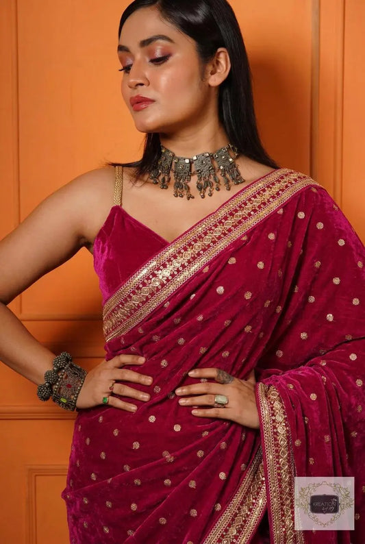 Royal Magenta Pink Velvet Saree Kreation by KJ