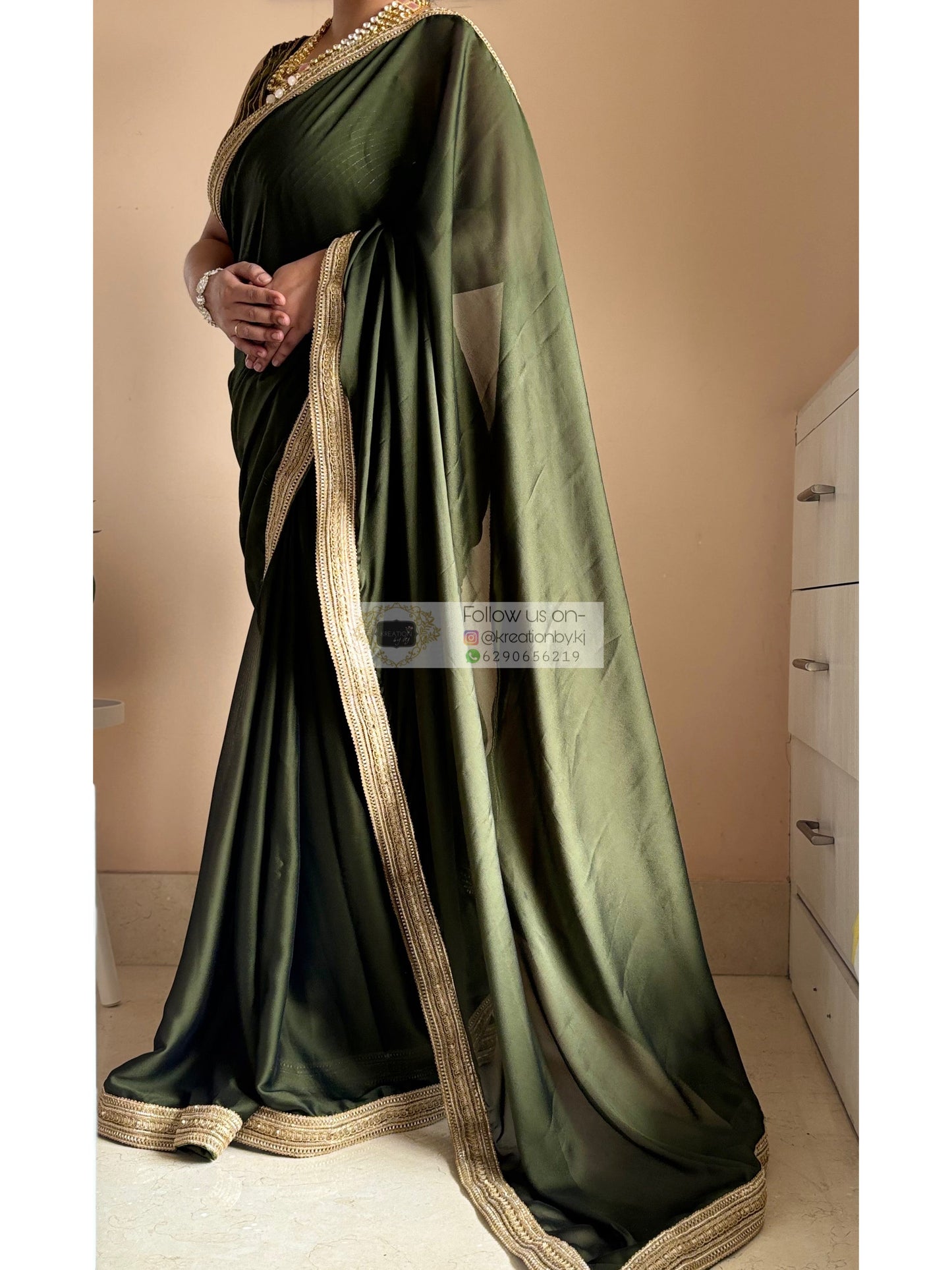 Olive Green Georgette Saree with Golden Border Kreation by KJ