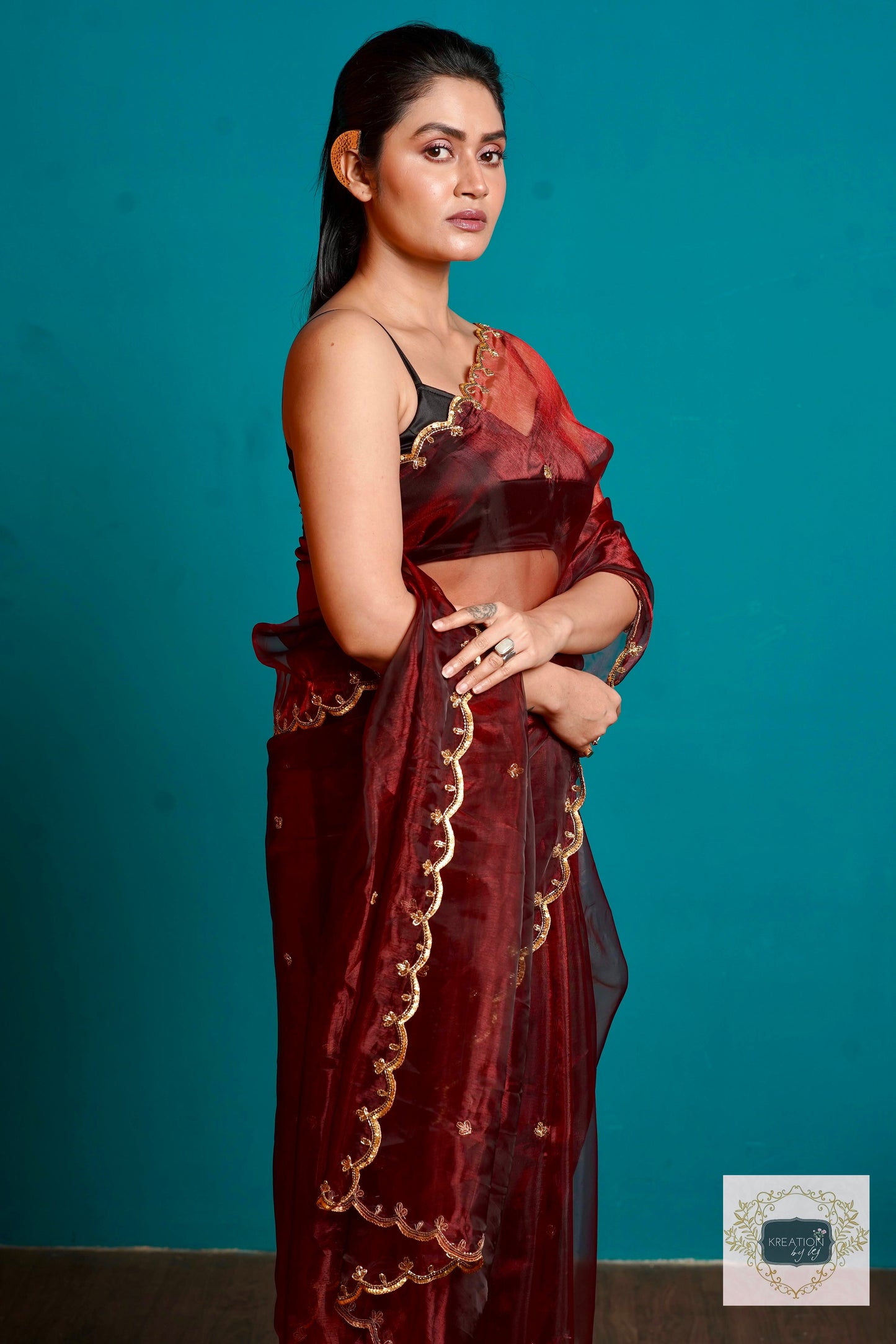 Maroon Glass Tissue Sequin Piyali Saree kreationbykj