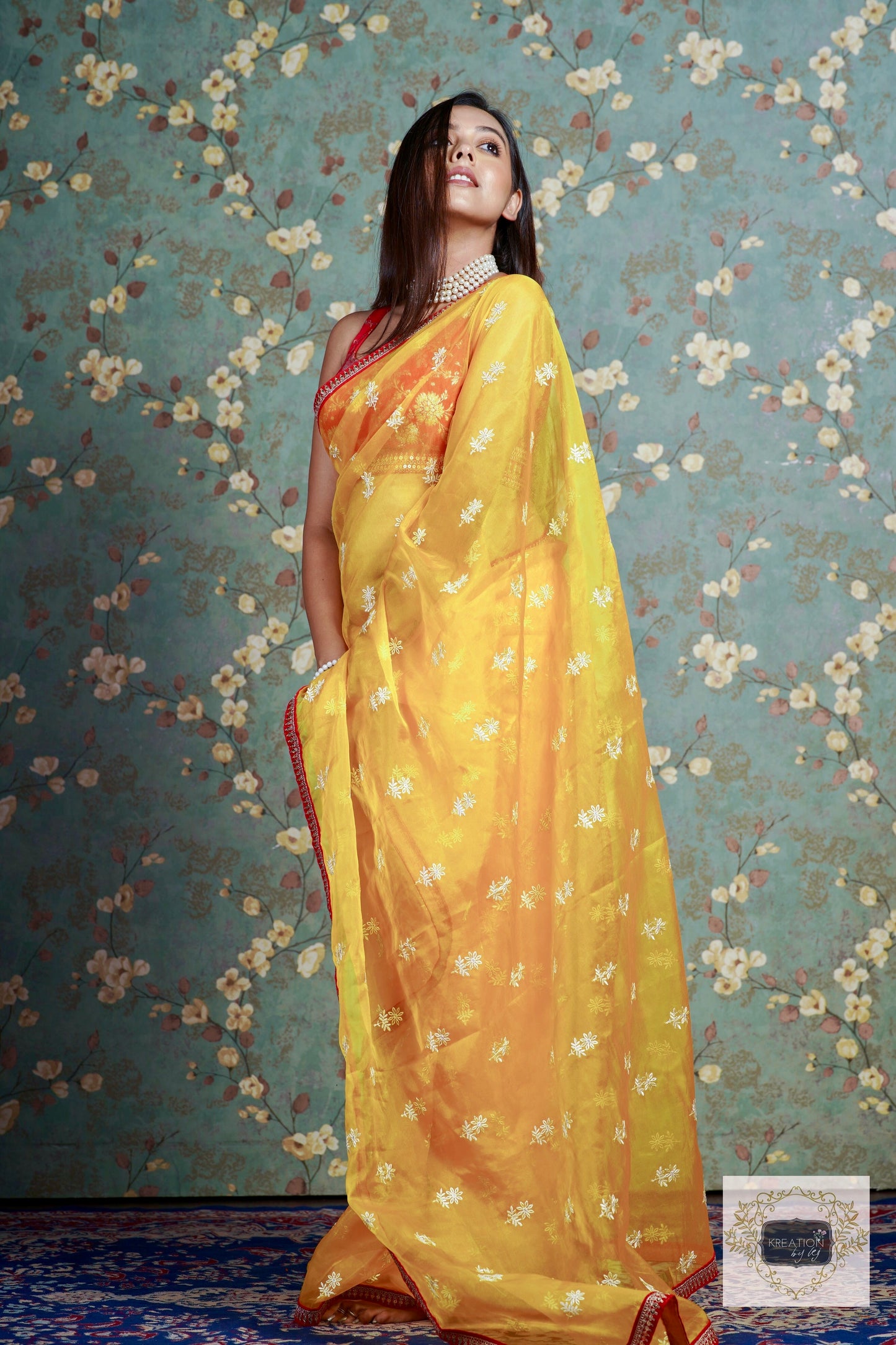 Yellow Snow Drop Organza saree