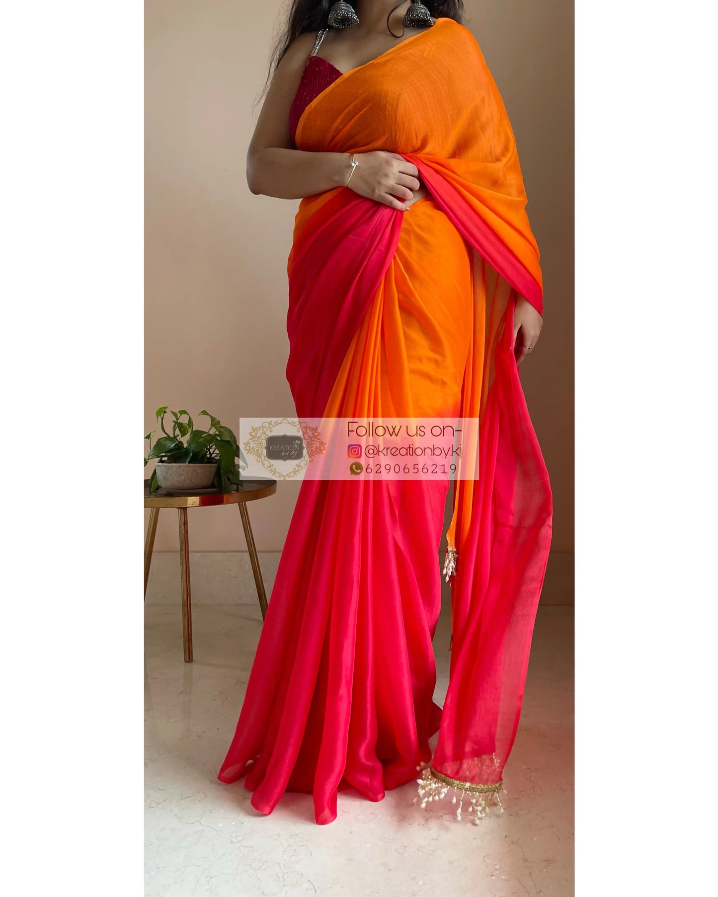 Sunset Ombré Chiffon Saree with Handmade Tassels on Pallu kreationbykj