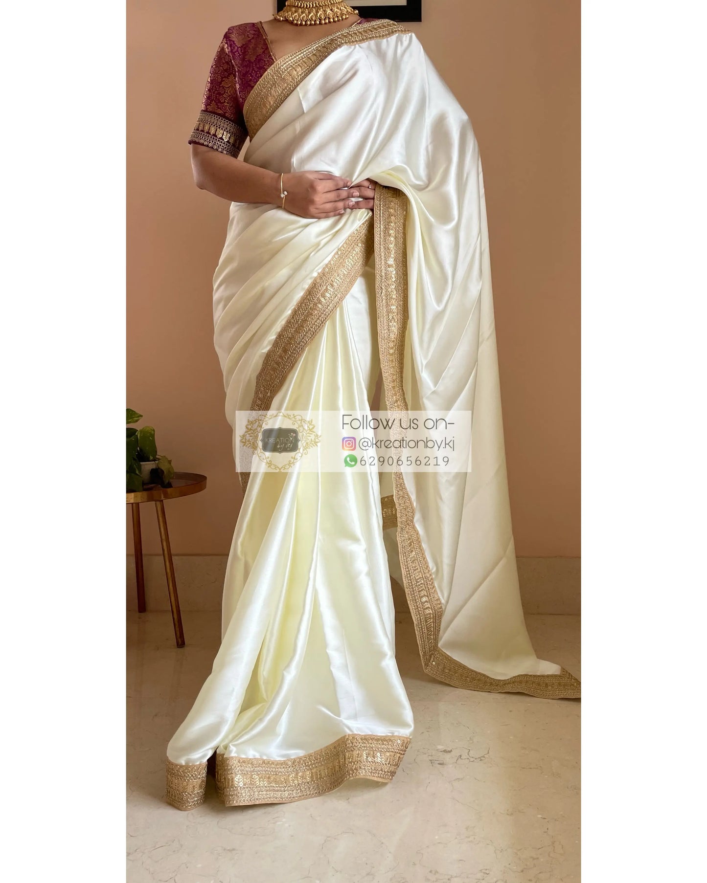 Cream Satin Silk Saree with Beige Border-Agomoni kreationbykj