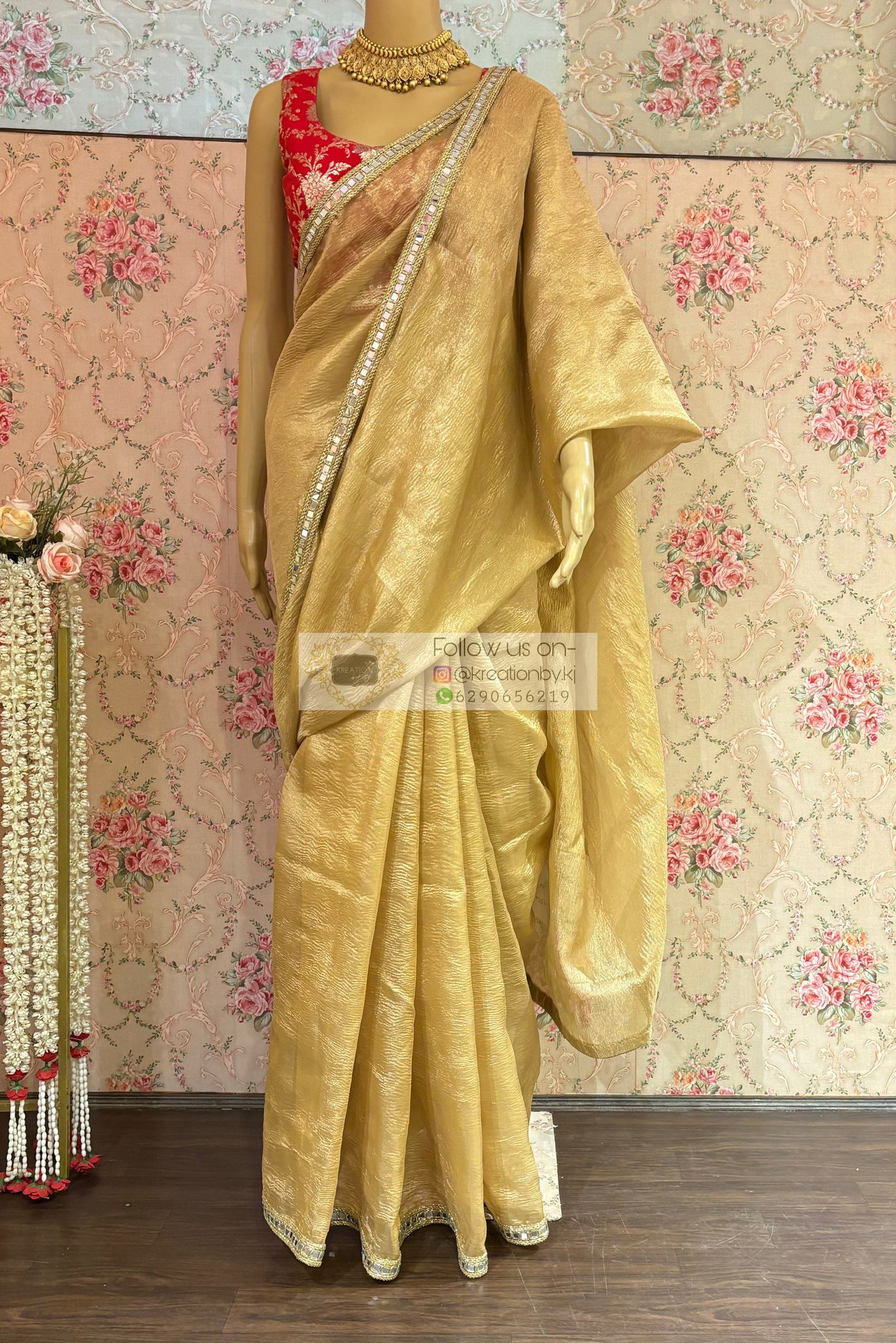Golden Beige Tissue Saree with Mirror Border kreationbykj