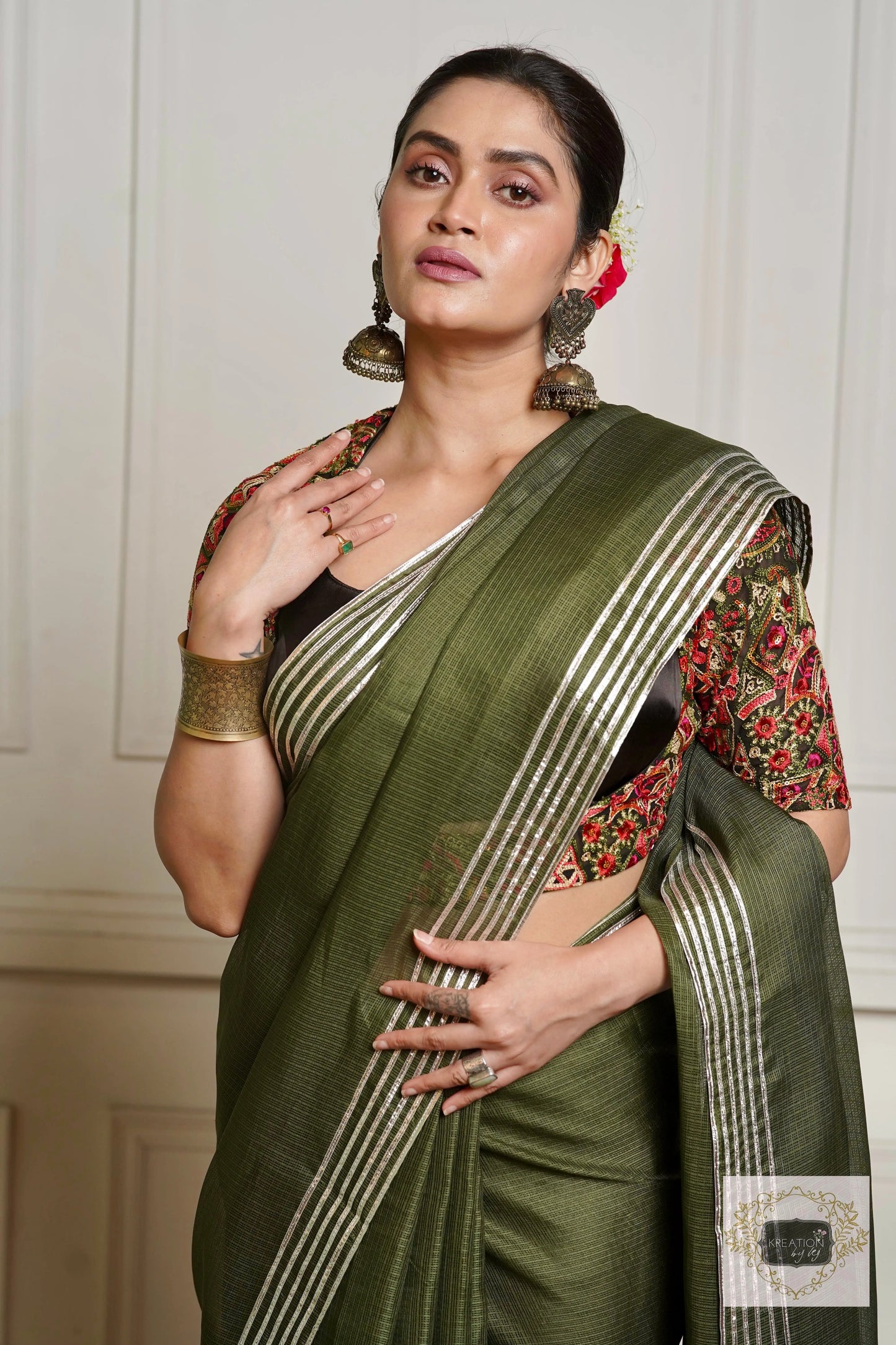 Olive Green Kota Silver Lining Saree With Gota Border kreationbykj