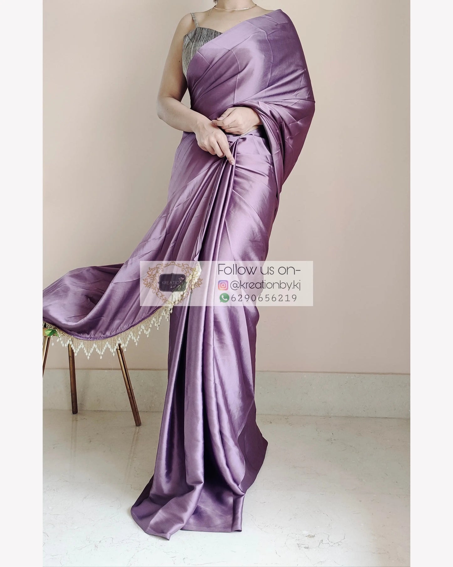 Heather Satin Silk Saree With Handmade Tassels On Pallu kreationbykj.in