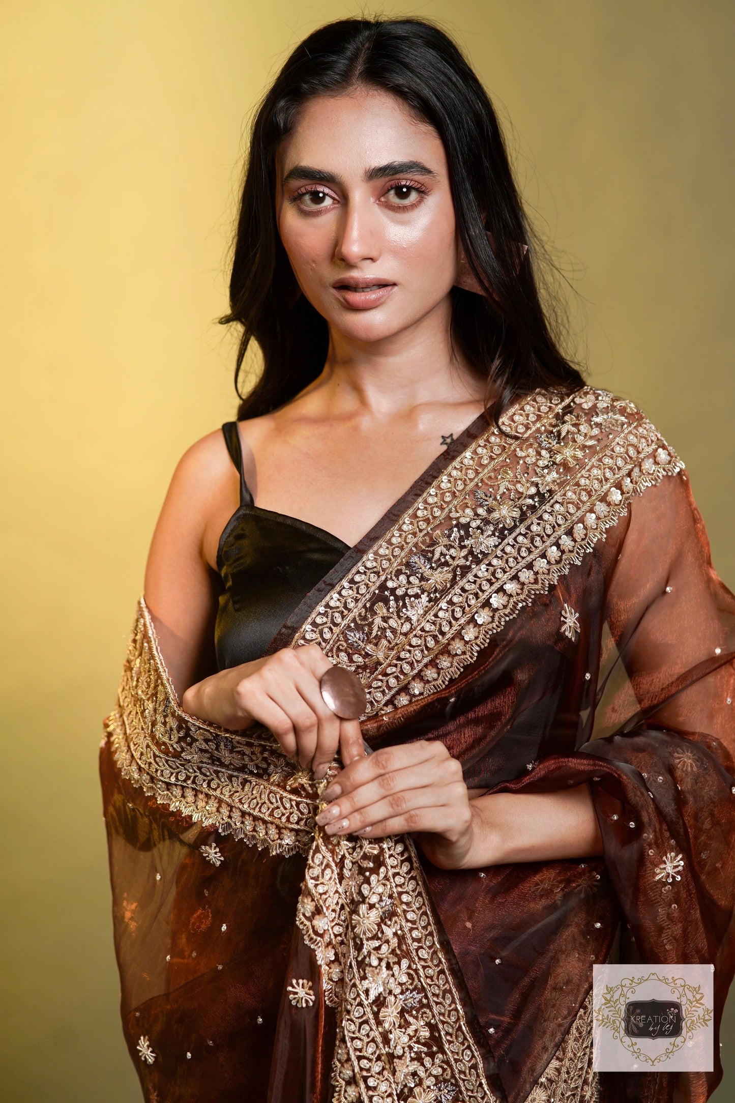 Nazakat Copper Glass Tissue Saree For Wedding kreationbykj
