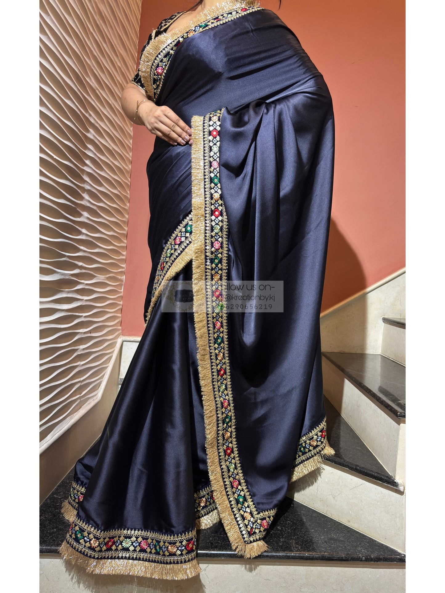 Navy Blue Satin Silk Floral Banno Saree kreationbykj