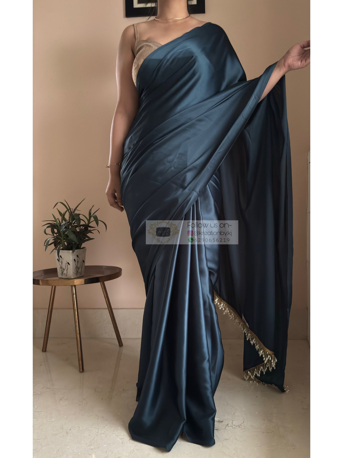 Midnight Blue Satin Silk Saree With Handmade Tassels On Pallu kreationbykj