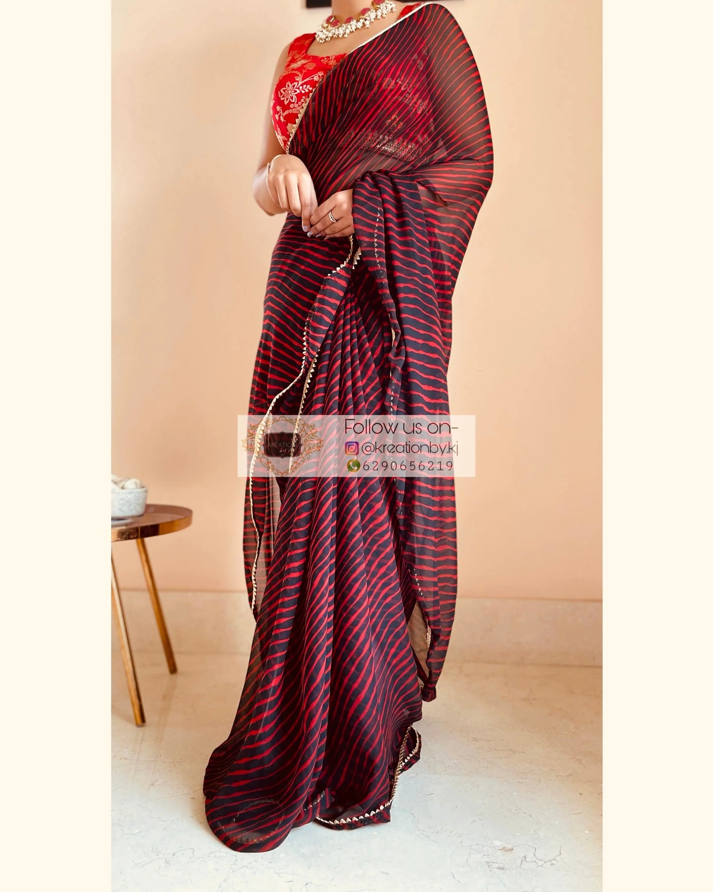 Black and Maroon Georgette Leheriya Saree kreationbykj