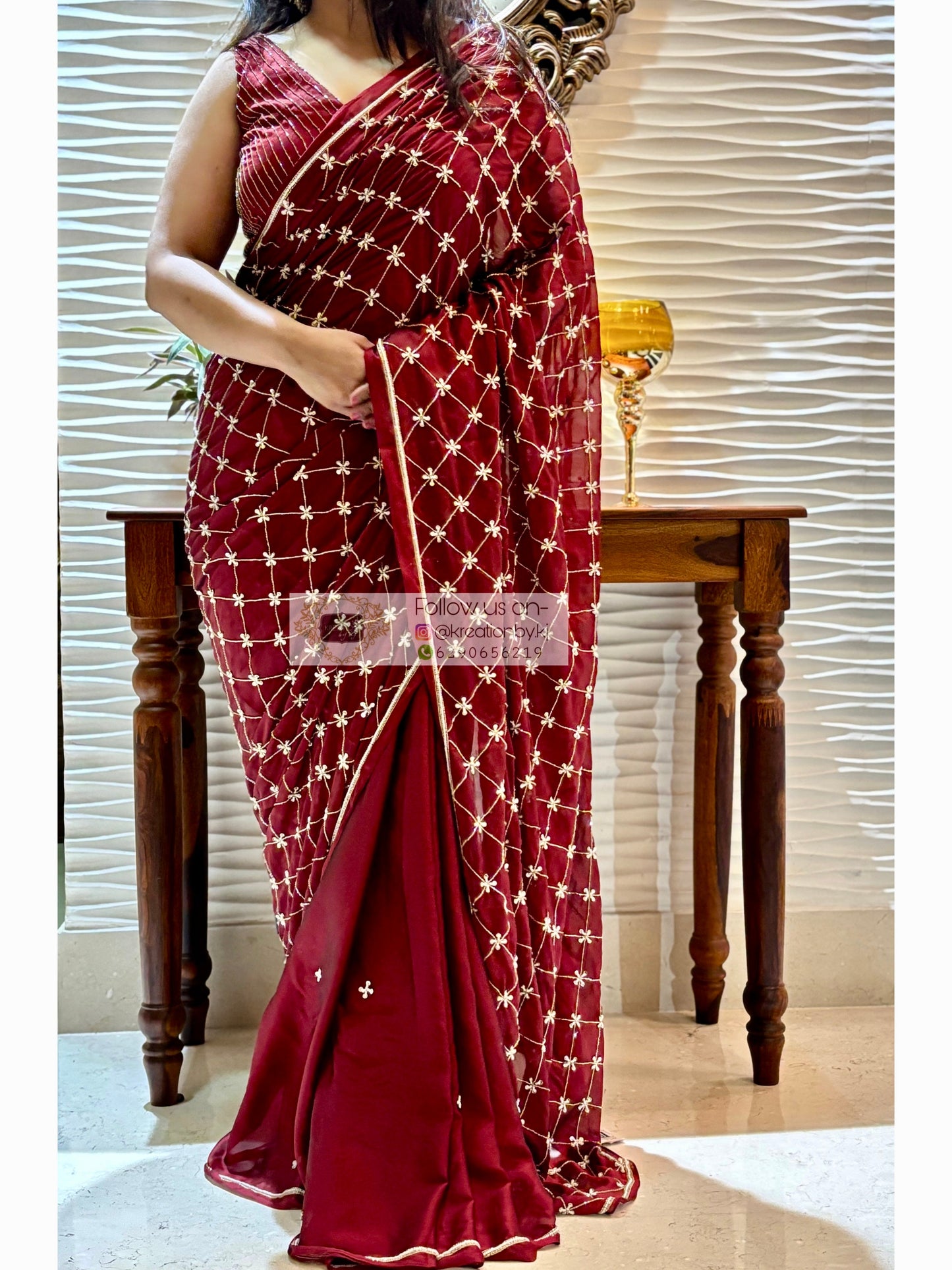 Maroon Georgette Cutdana Jaal Saree kreationbykj