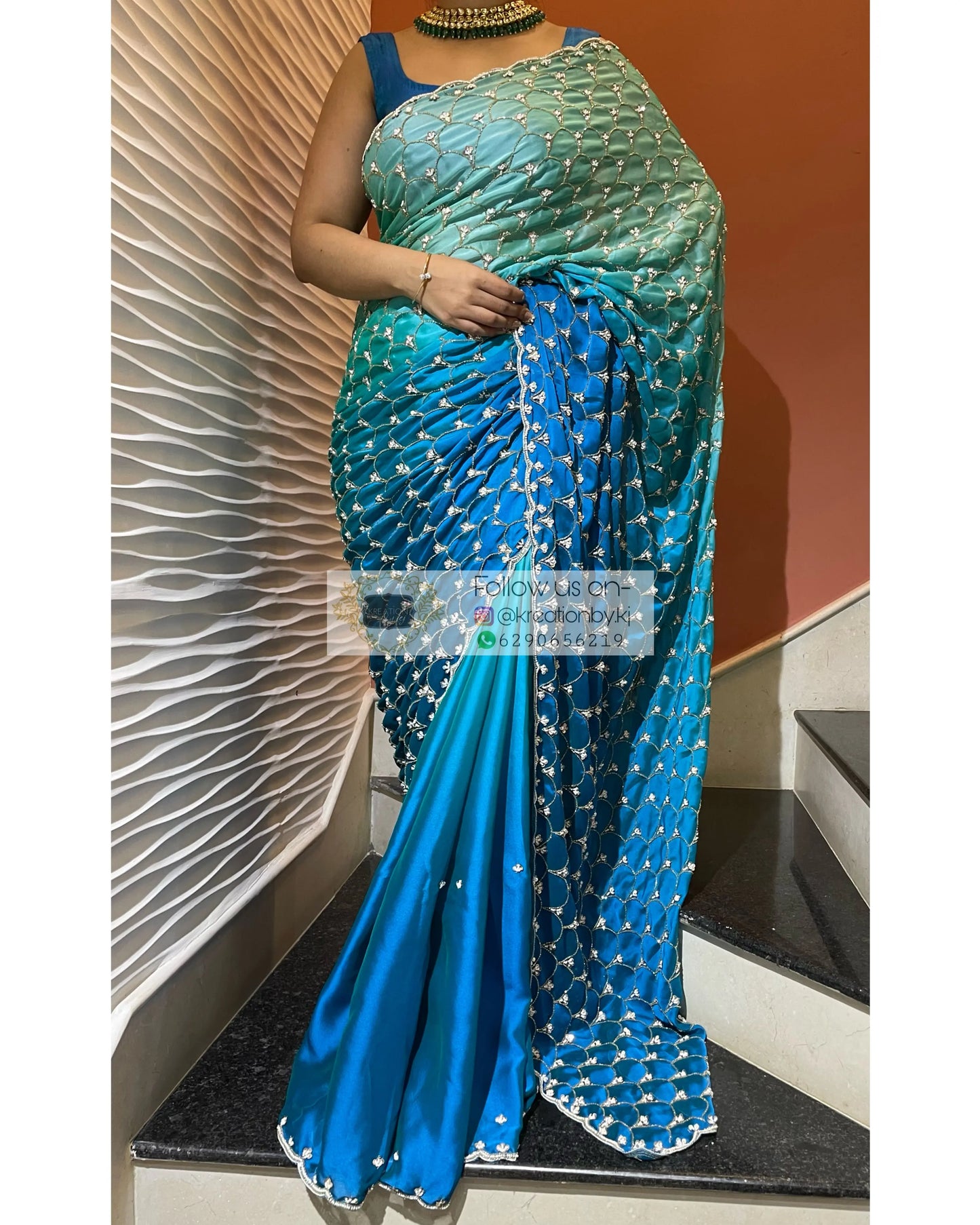 Ocean Mist Ombré Cutdana Mehraab Jaal Saree kreationbykj
