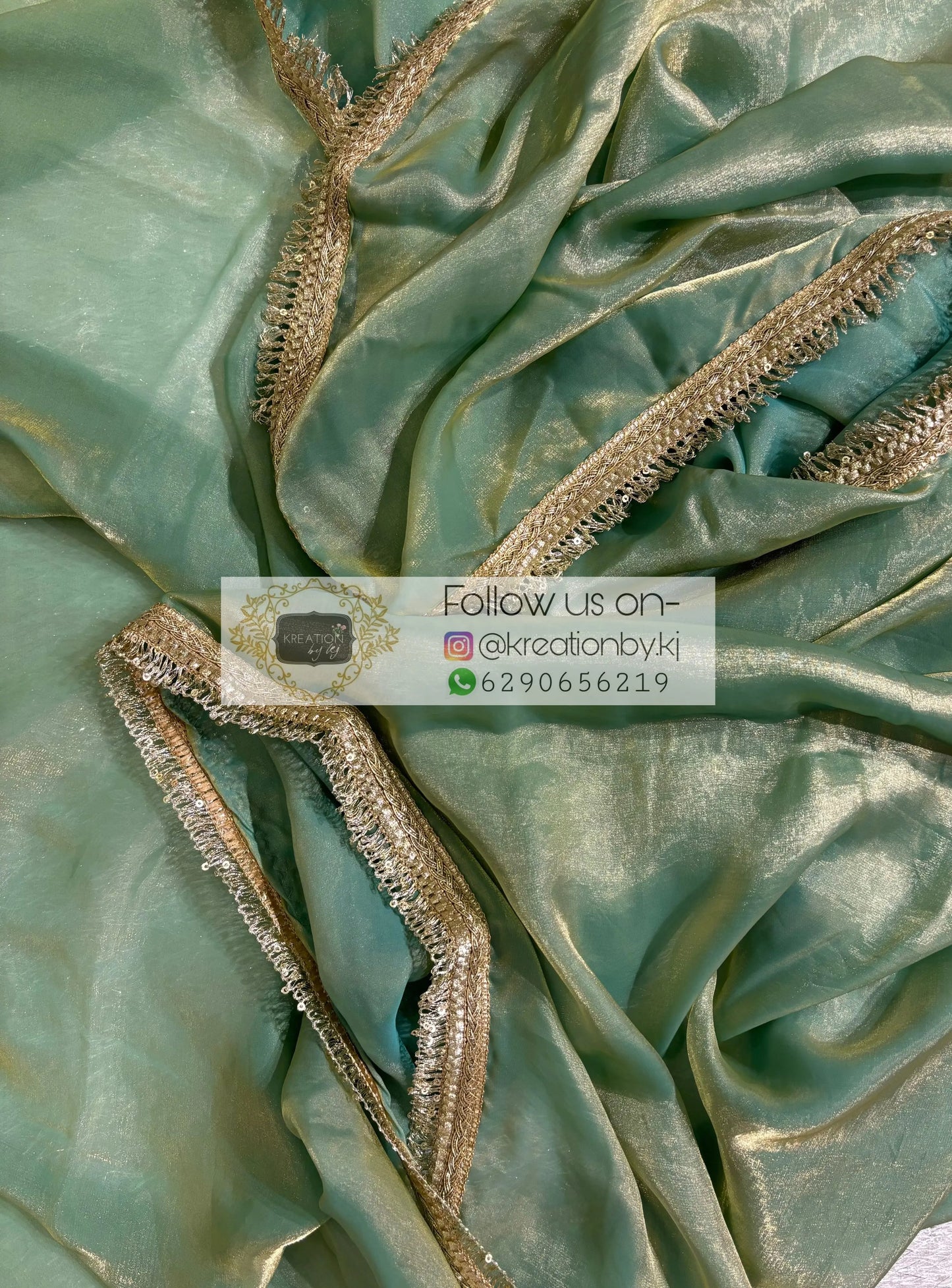 Pastel Green Metallic Shimmer Banno Saree kreationbykj