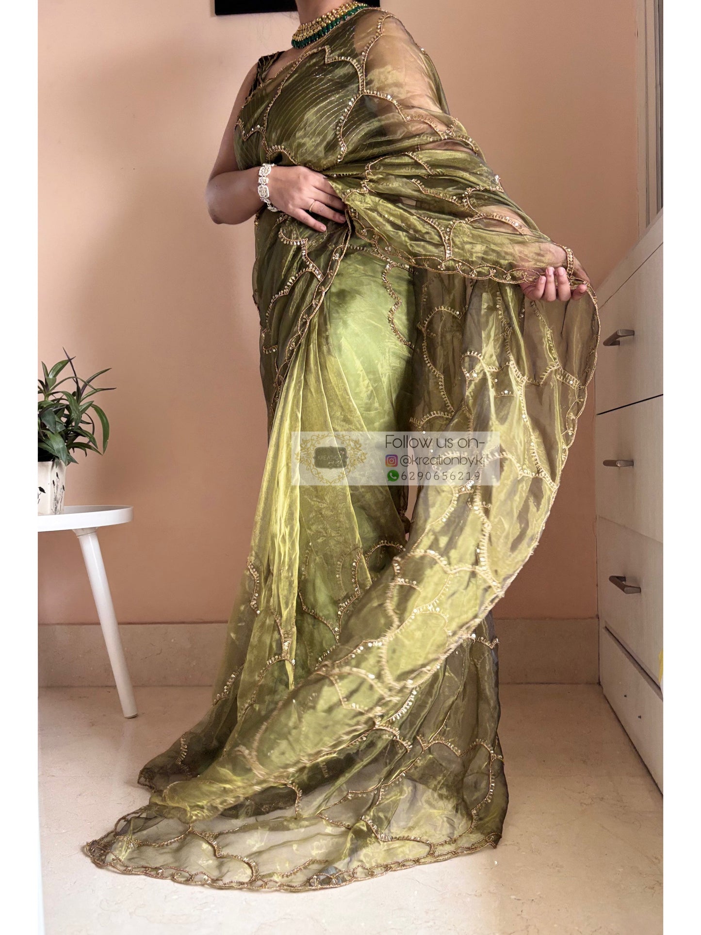 Military Green Chaudhvin ka Chand Saree for Wedding Kreation by KJ