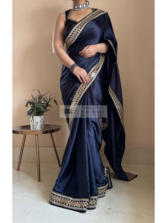 Dark Navy Blue Satin Silk Saree with Black Border kreationbykj