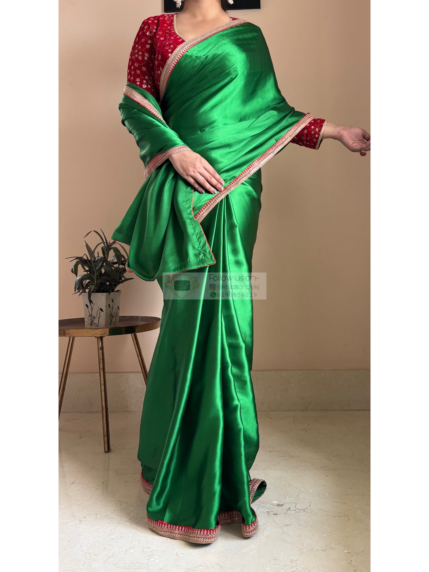 Green Satin Silk Saree with Red Border - kreationbykj