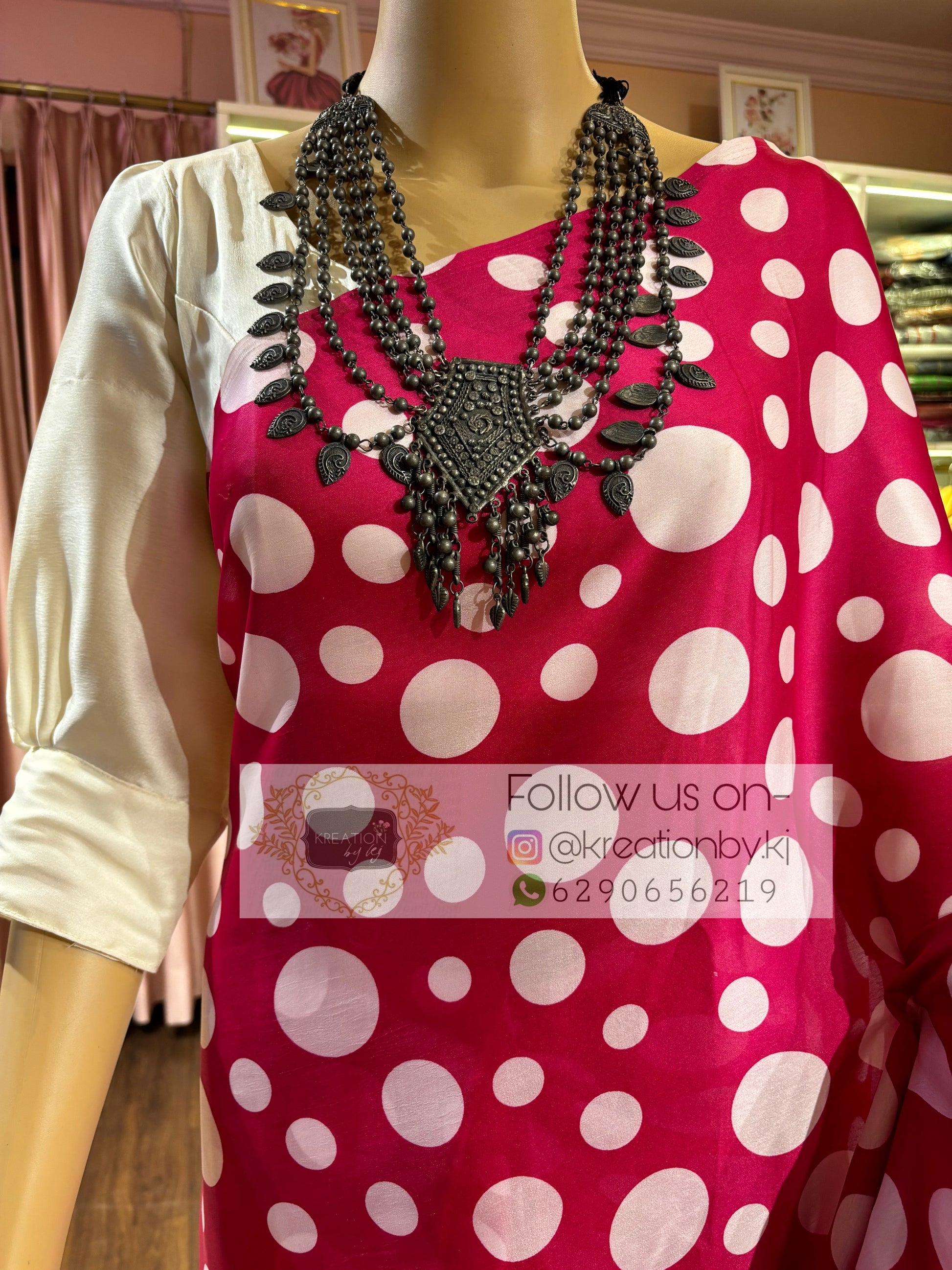 Magenta Pink Polka Dot Saree kreationbykj