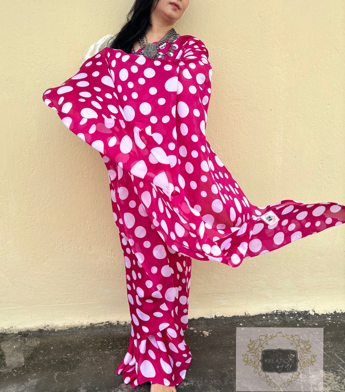 Magenta Pink Polka Dot Saree kreationbykj