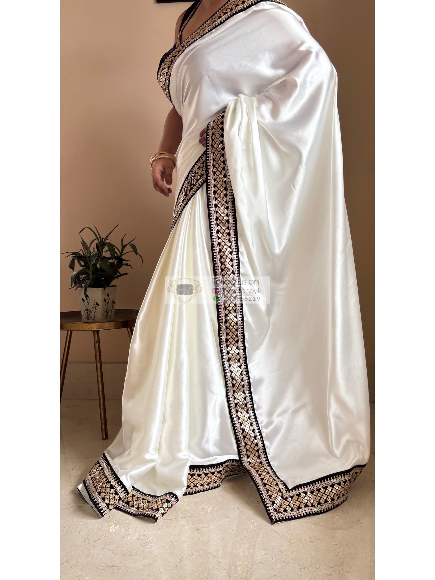 Cream Satin Silk Saree with Black Border Party Wear - kreationbykj
