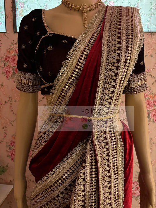 Maroon Velvet Banno Saree kreationbykj