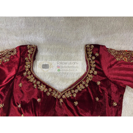 Burgundy Velvet Bridal Blouse Piece with Zardosi Work kreationbykj