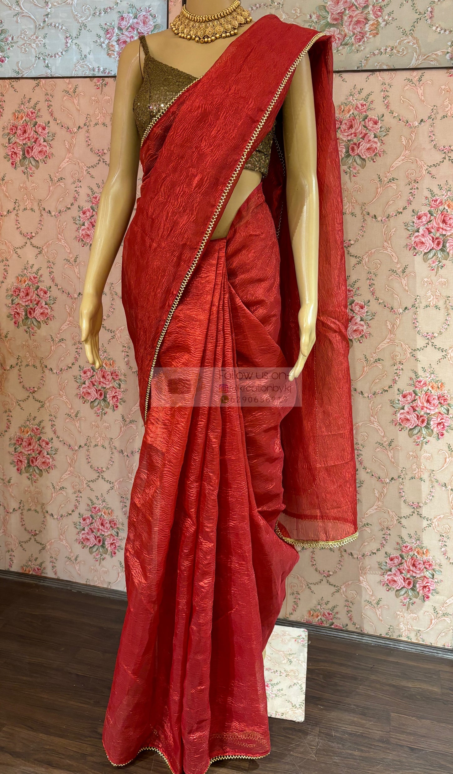 Red Crushed Tissue Saree with Golden Border kreationbykj