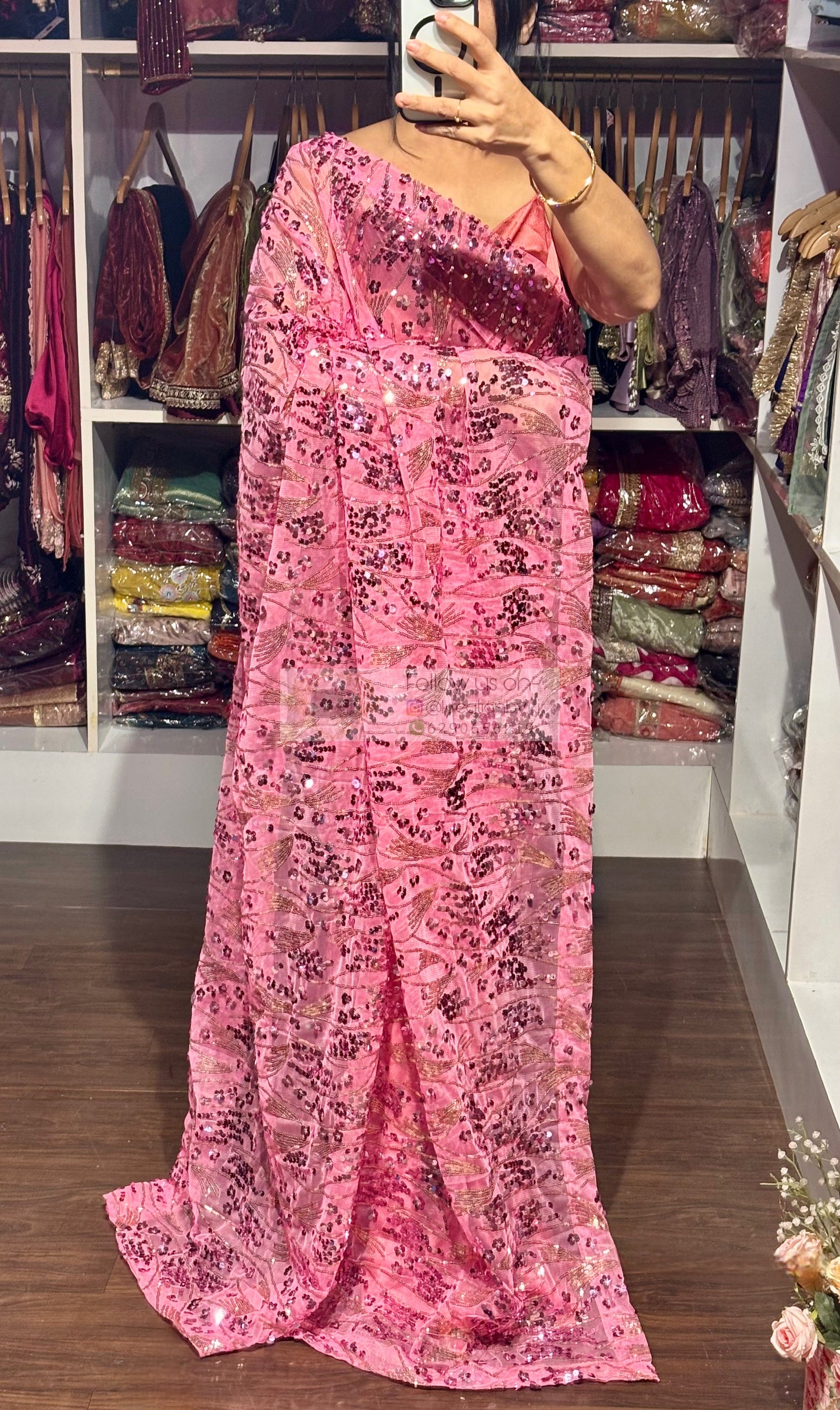 Pink Mermaid Sequin Partywear Saree kreationbykj