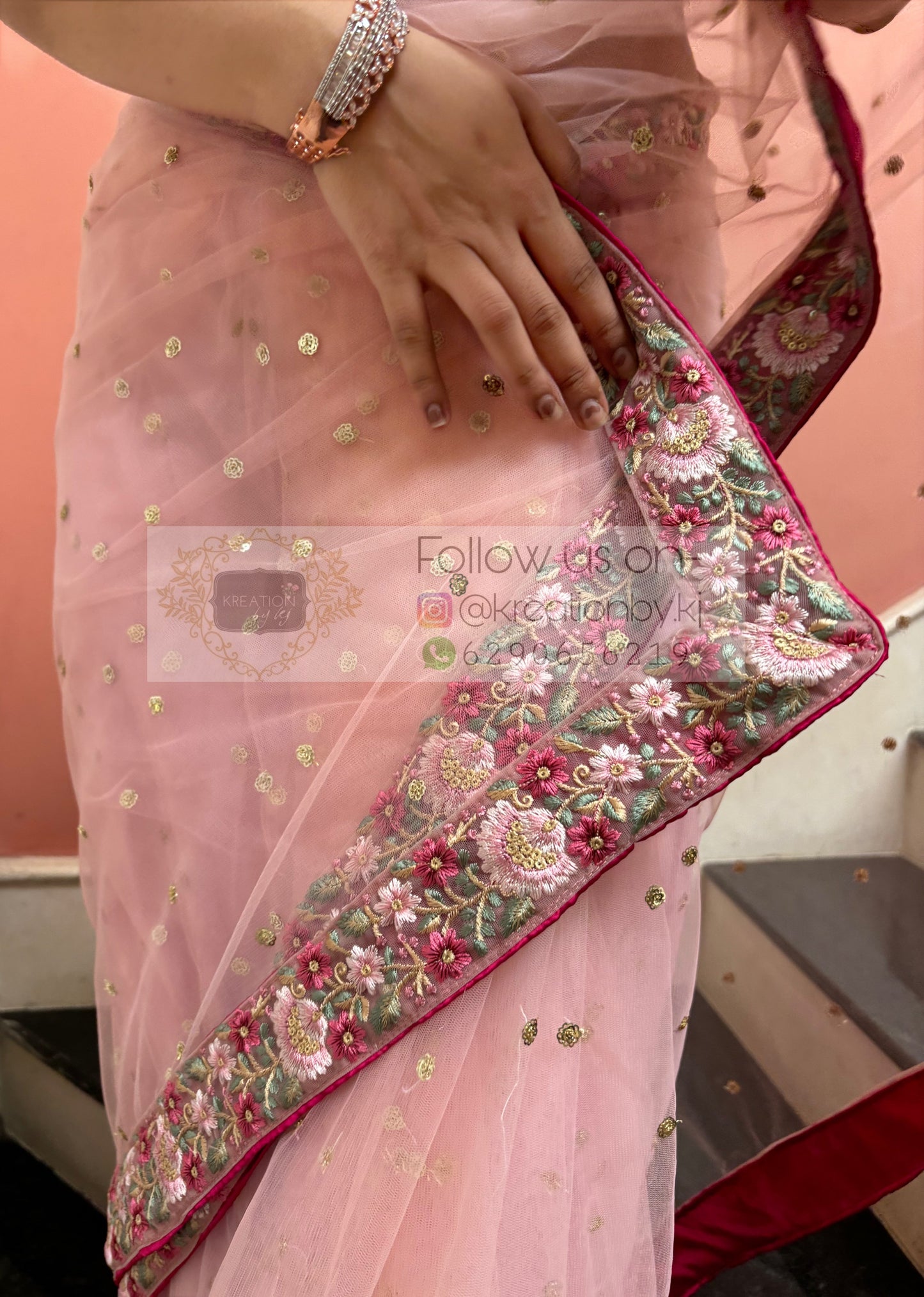 Pink Net Saree with Floral Border kreationbykj