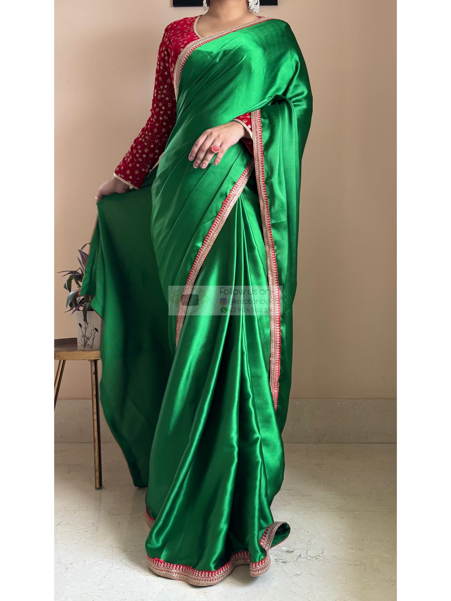 Green Satin Silk Saree with Red Border - kreationbykj