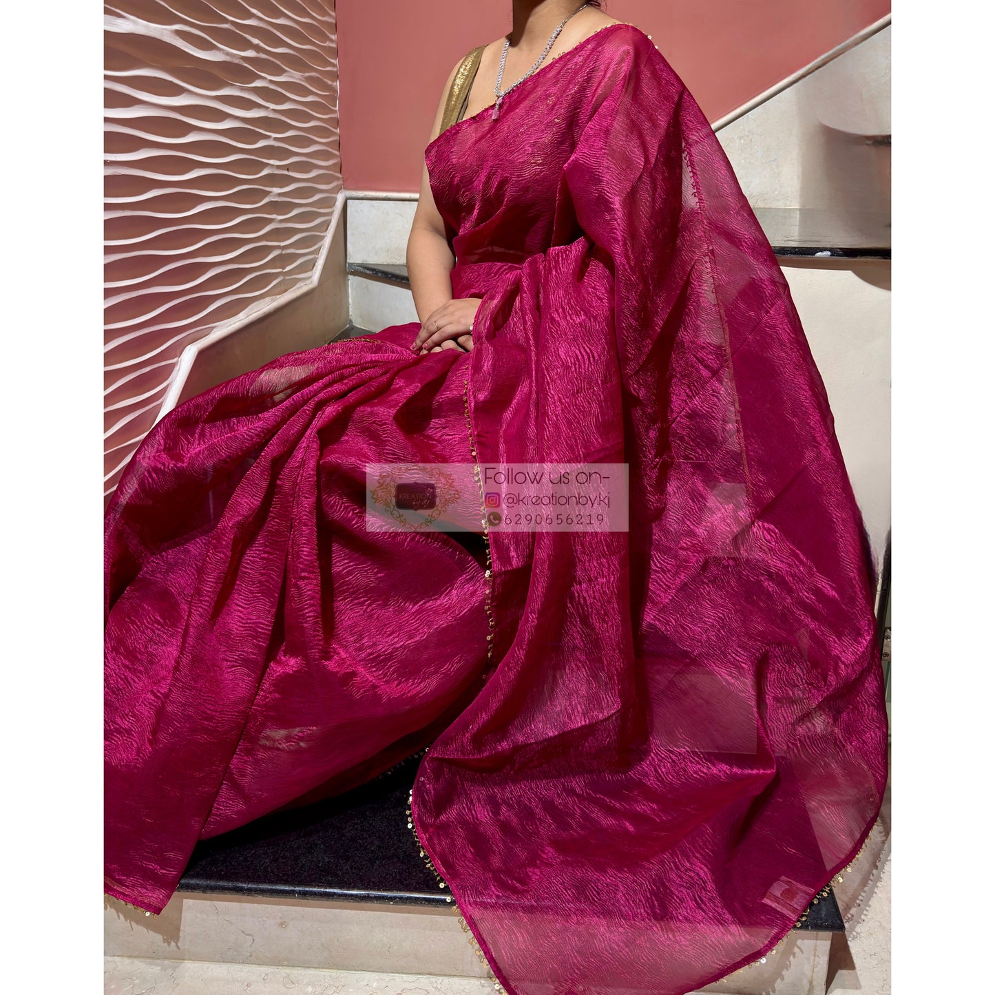 Magenta Pink Crushed Tissue Saree kreationbykj