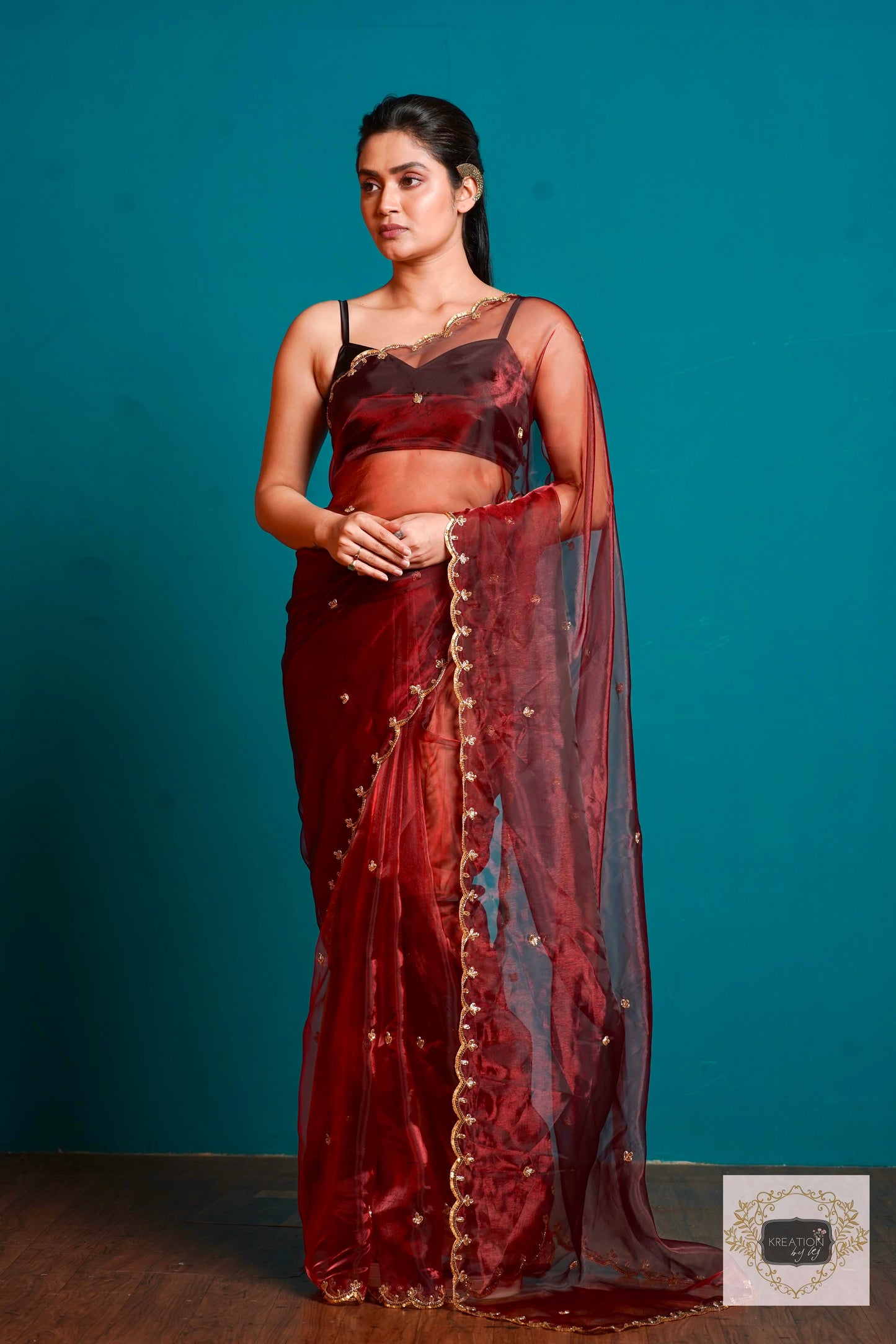 Maroon Glass Tissue Sequin Piyali Saree kreationbykj